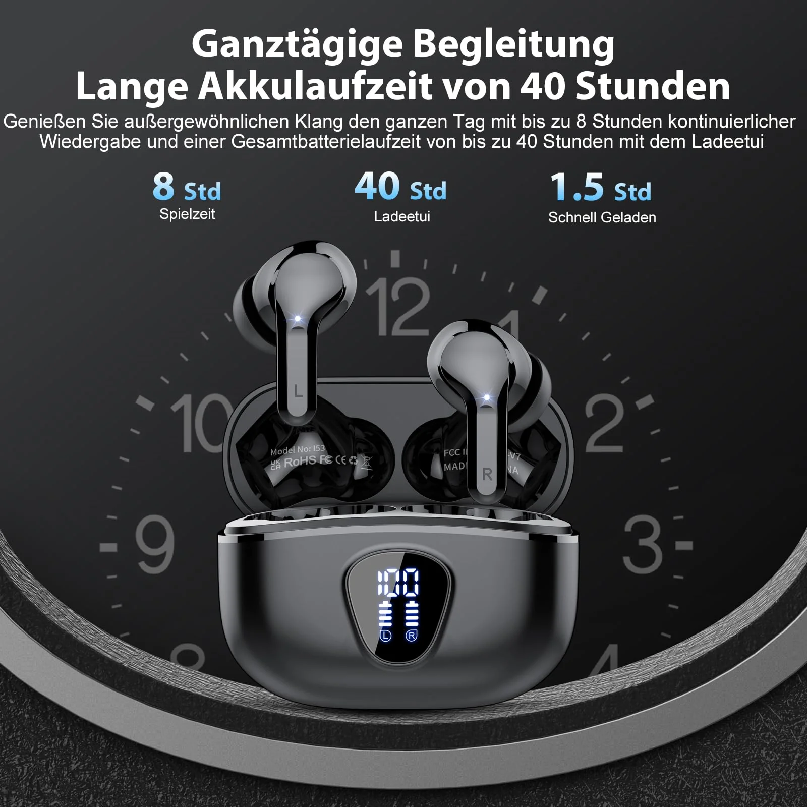Bluetooth Kopfhörer, Kopfhörer Kabellos Bluetooth 5.3 In Ear, 4 ENC Noise Cancelling Mic Ohrhörer, HiFi Stereo Tiefbass, 40H Spielzeit, LED-Anzeige, IP7 Wasserdichte Earbuds, Touch Control, Schwarz - Image 5