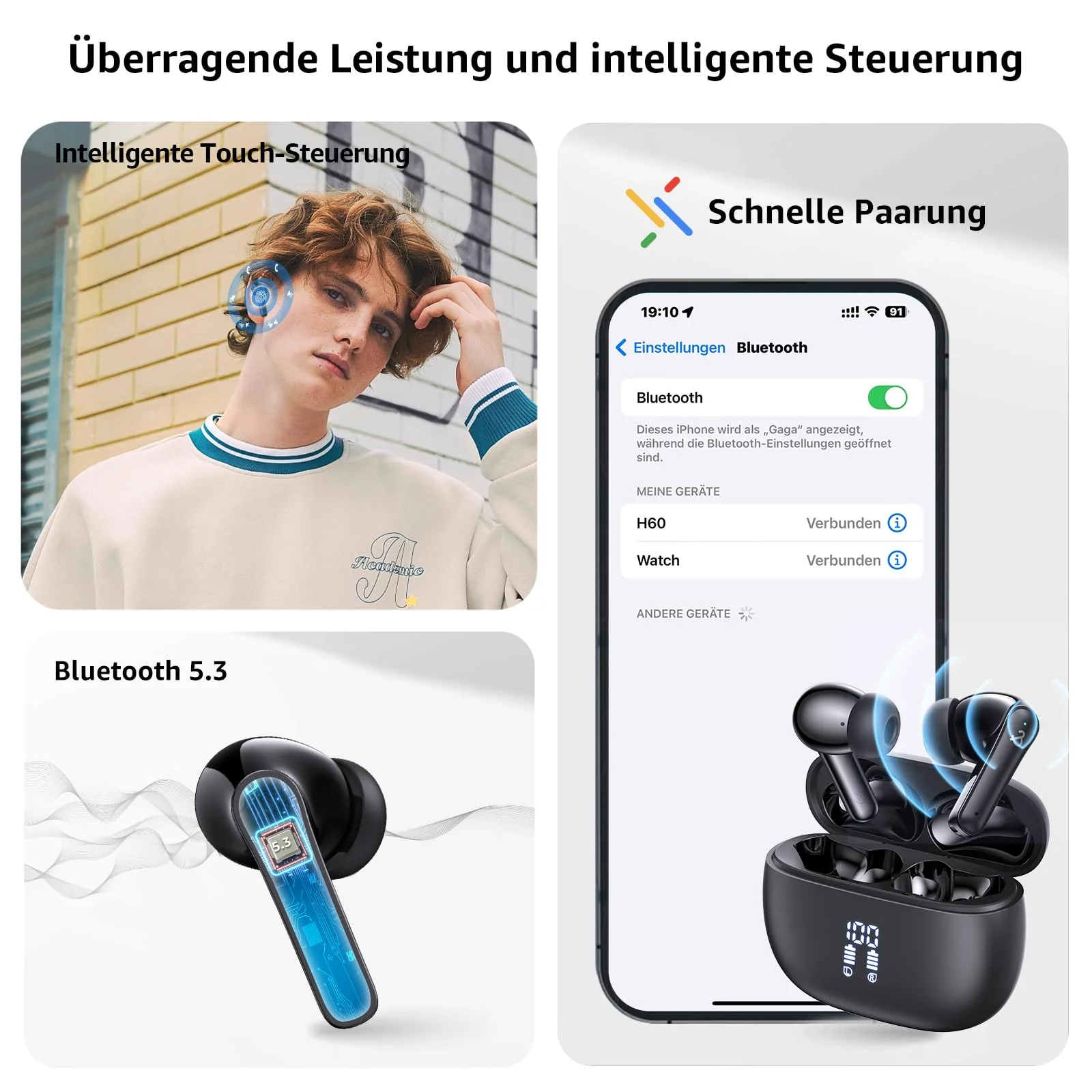 Bluetooth Kopfhörer, Kopfhörer Kabellos Bluetooth 5.3 mit 6 ENC Mikrofon, In Ear kopfhörer Bluetooth mit HiFi Stereo Tiefer Bass, Lärmminderung, 50Std Spielzeit, IPX8 Wasserdicht Ohrhörer LED-Anzeige - Image 3
