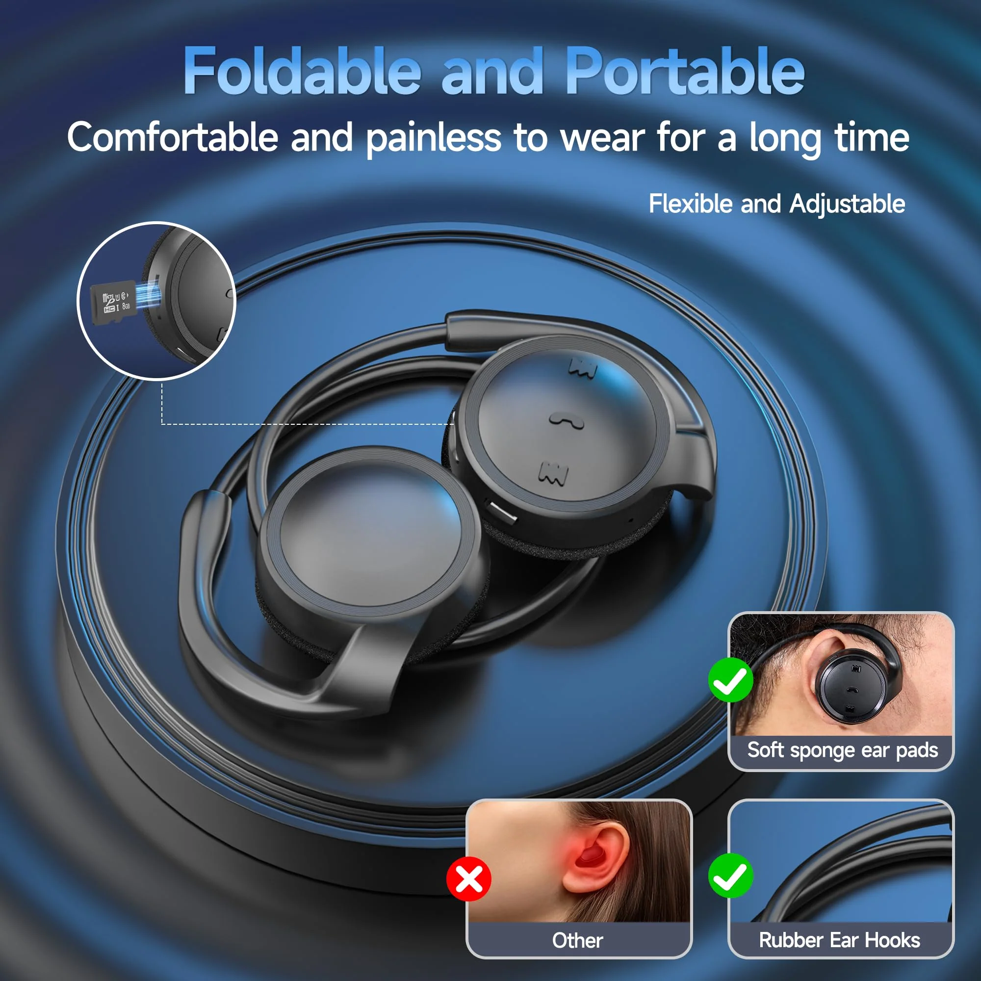 Bluetooth Kopfhörer On Ear Kabellose Kopfhörer Sport mit TF-Karte/Sprachanruf/Stereo Mikrofon,Headset Bluetooth Faltbar & Tragbar,Wasserdichter Schweiß Sportkopfhörer für Laufen Training (Schwarz) - Image 5