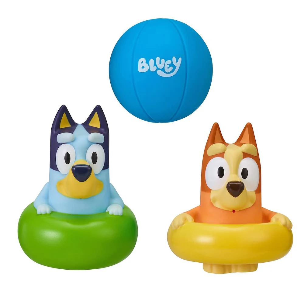 Bluey Badespielzeug: Bluey und Bingo Mit Wasserspritzfunktion und Ball - Offizieller Sammelartikel