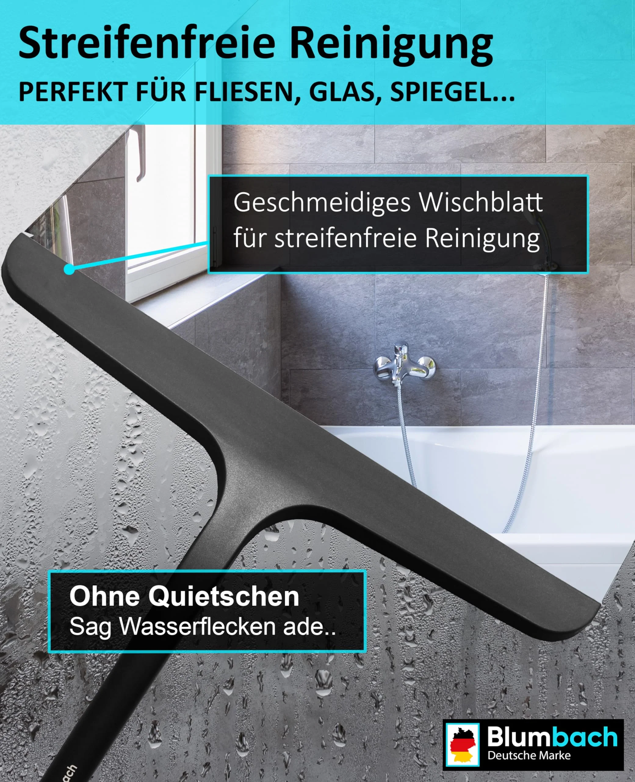 BLUMBACH® Duschabzieher schwarz, Abzieher Dusche mit Halterung 28 cm breit, Fensterabzieher Silikon mit Edelstahl Kern, Dusch Abzieher Wischer, Duschwand Abzieher, Flitsche Dusche, Glasabzieher, - Image 8