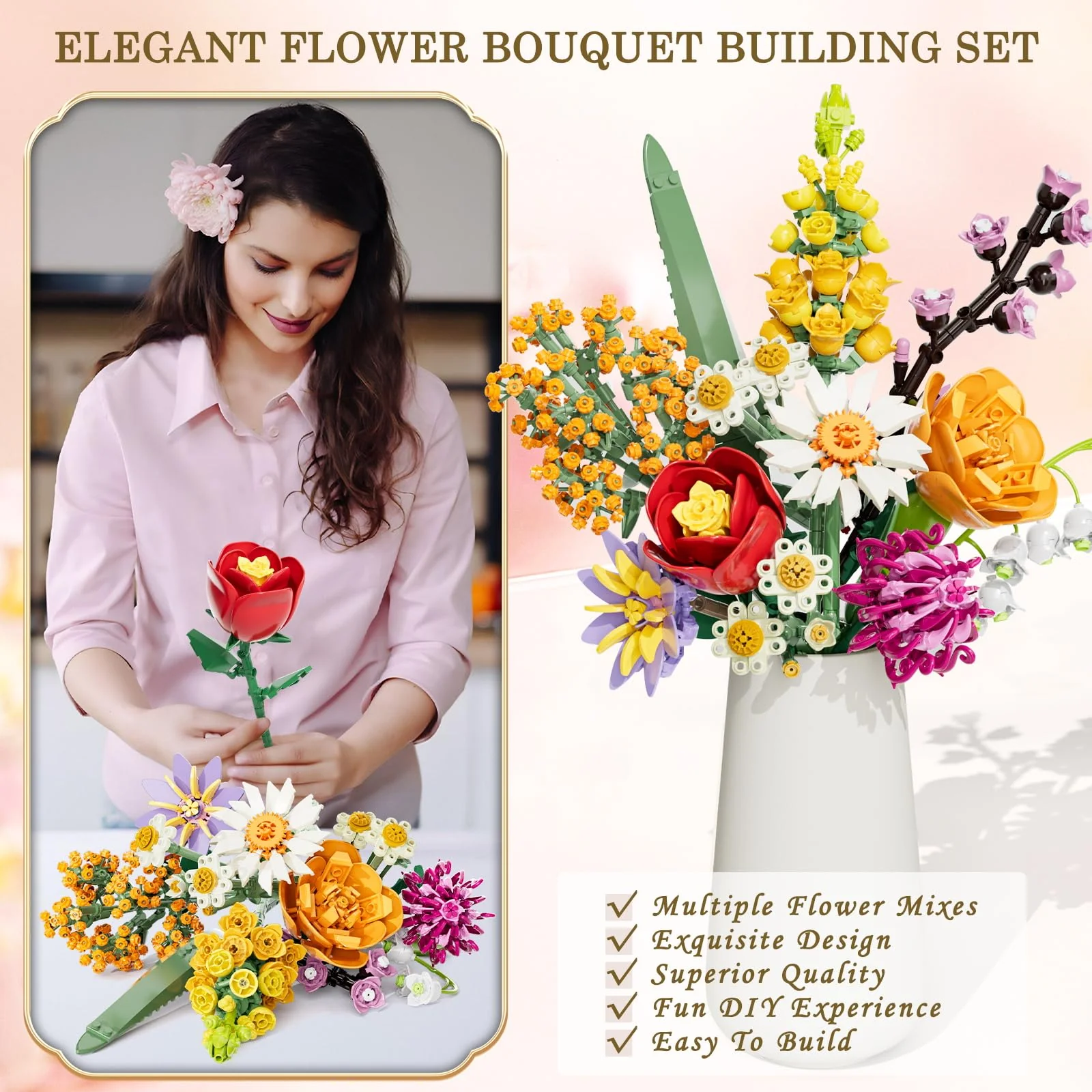 Blumen Bausteine Set für Erwachsene, 1070 Stück Blumenstrauß, künstliche Blume Bauklötze Bausatz Spielzeug für Frauen Mädchen, Home Deko Geschenk für Geburtstag, Muttertag, Weihnachten (keine Vase) - Image 6