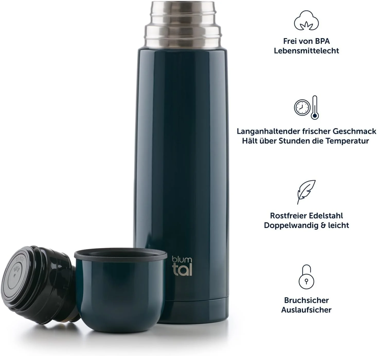 Blumtal® Thermosflasche 500 ml - BPA-freie Thermoskanne für warm&kalt - auslaufsichere Isolierflasche 500ml aus Edelstahl rostfrei - Thermoskanne mit Becher - Tee Thermoskanne 500 ml - Dunkelgrün - Image 13