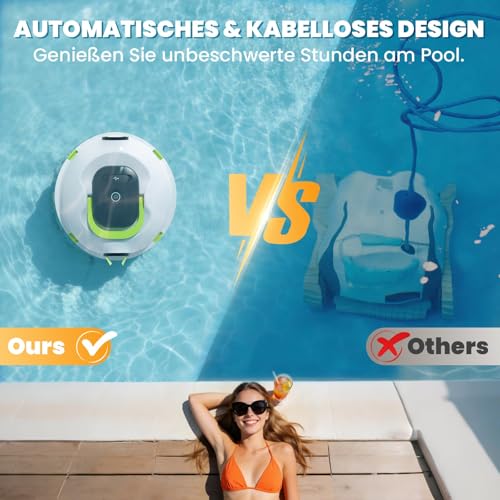 Bocxi Kabellos Poolsauger Akku, 120 Min. Laufzeit, Leichtgewicht Poolroboter, Automatische Reinigung mit Selbsteinparkfunktion, Leistungsstarker Poolsauger für Flache Boden bis 110 m²(Weiß) - Image 8