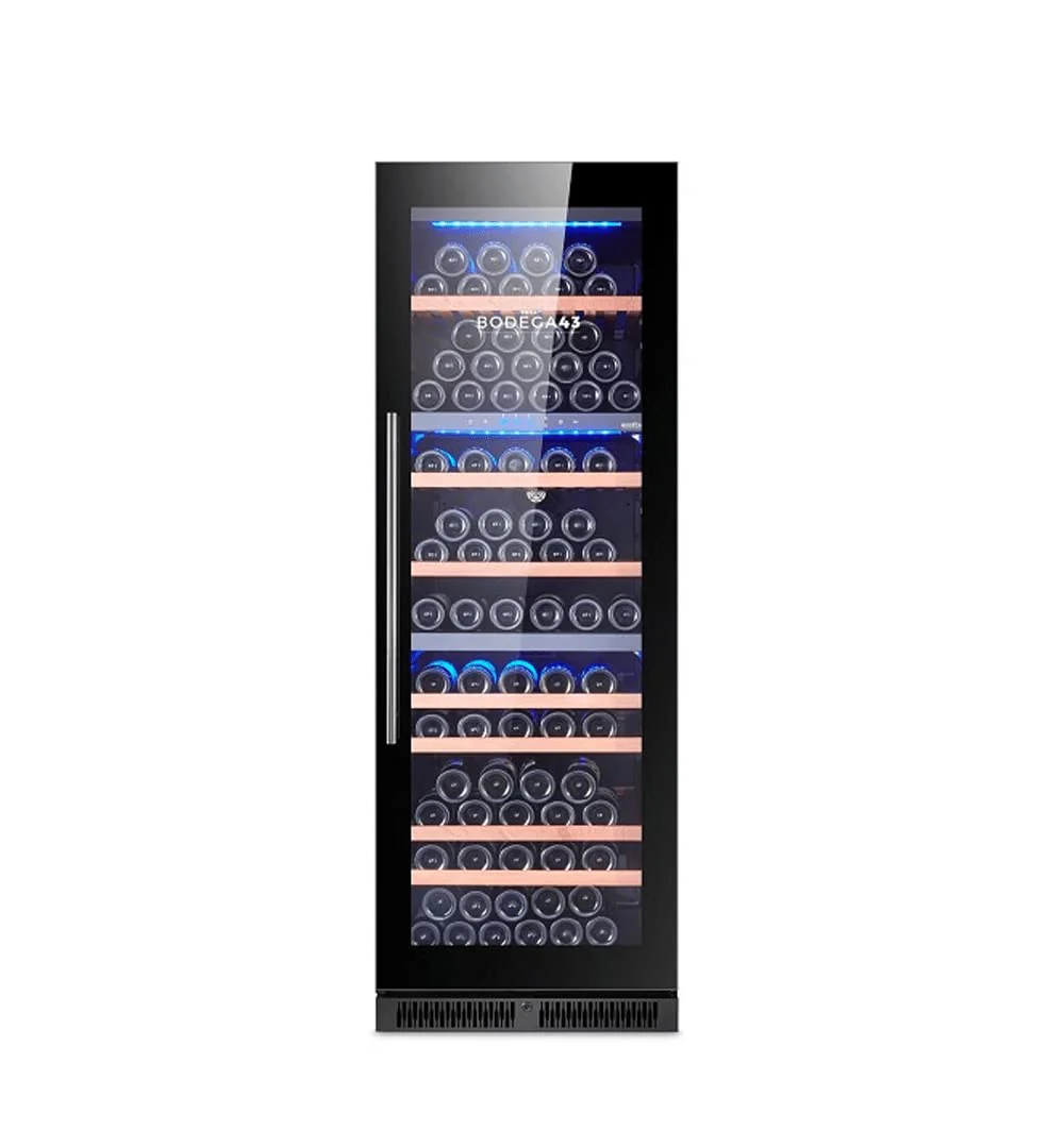 BODEGA43-145 Weinkühlschrank mit 3 Temperaturzonen, 145 Flaschen, 41 dB, Einbau und Freihstehend, Schwarze Vollglas-Designtür, 7 Ausziehbare Schubladen aus durchsichtig lackiertem Sapele Holz - Image 6