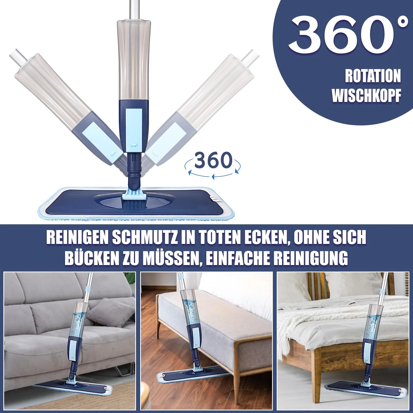 Bodenwischer mit Sprühfunktion, Nass Trocken Wischmopp für Hartböden Laminat Fliesen Küchen, Sprühwischer mit 3 Waschbar Mikrofaser-Wischbezug und 400ML Wassertank