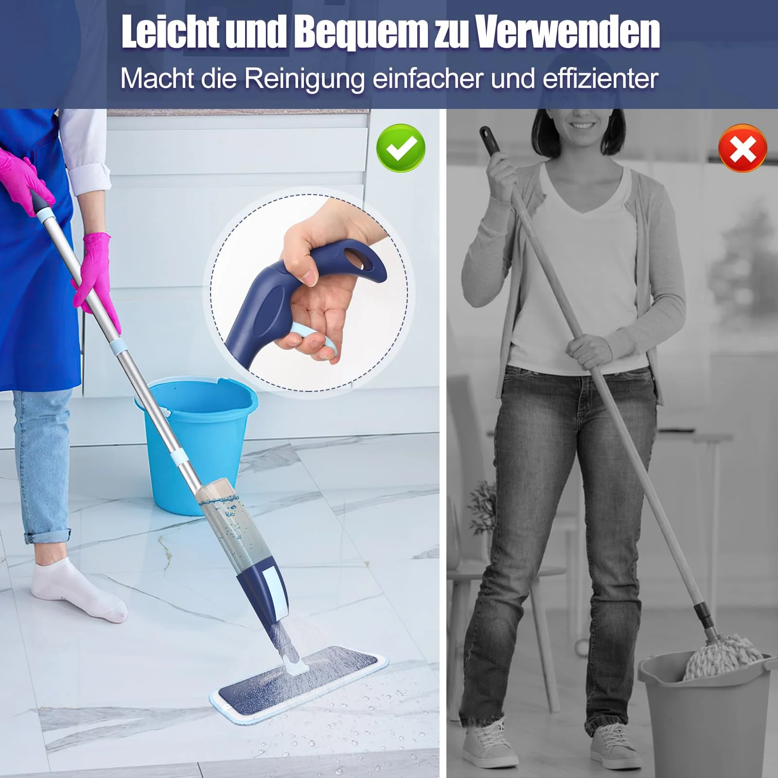 Bodenwischer mit Sprühfunktion, Nass Trocken Wischmopp für Hartböden Laminat Fliesen Küchen, Sprühwischer mit 3 Waschbar Mikrofaser-Wischbezug und 400ML Wassertank - Image 4