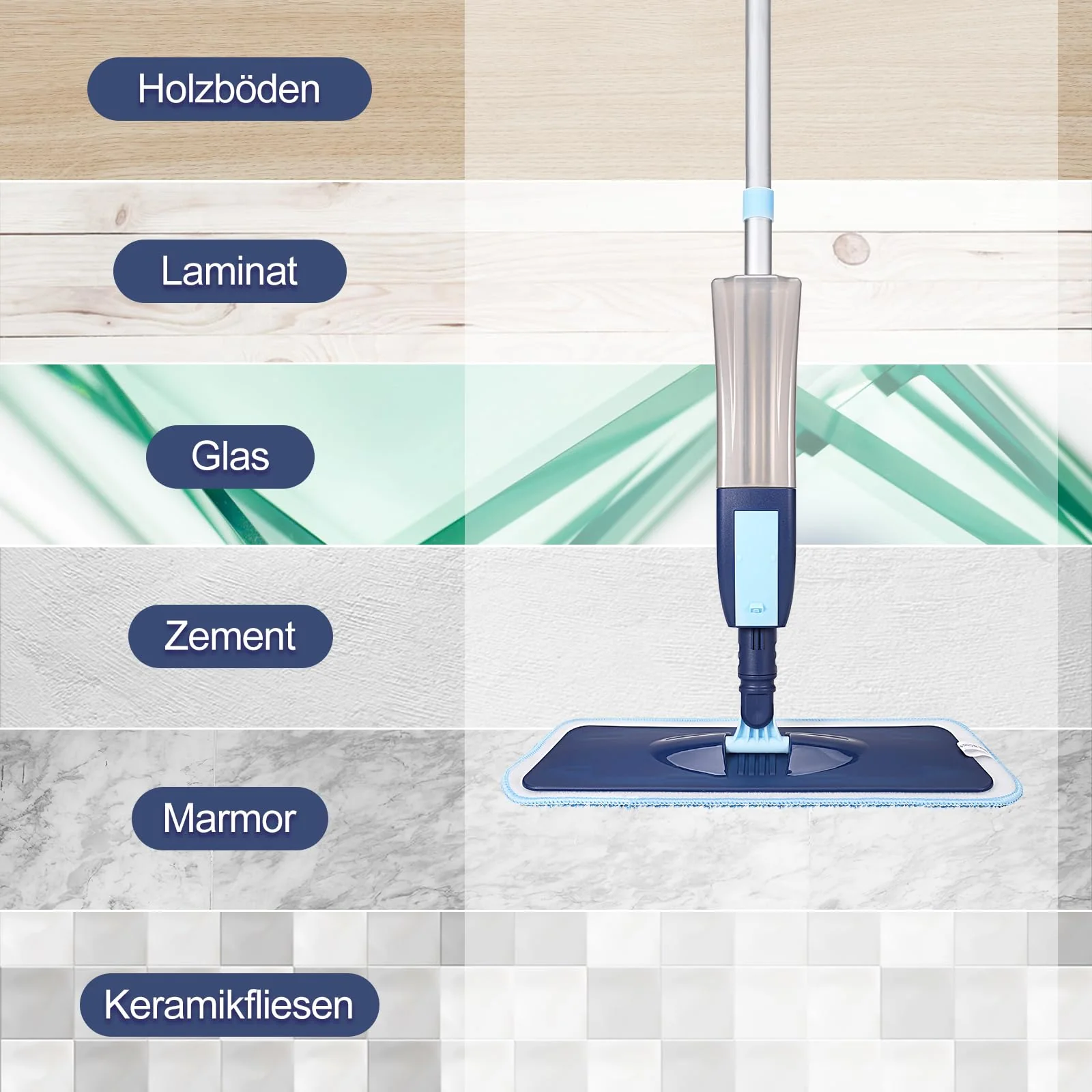 Bodenwischer mit Sprühfunktion, Nass Trocken Wischmopp für Hartböden Laminat Fliesen Küchen, Sprühwischer mit 3 Waschbar Mikrofaser-Wischbezug und 400ML Wassertank - Image 5