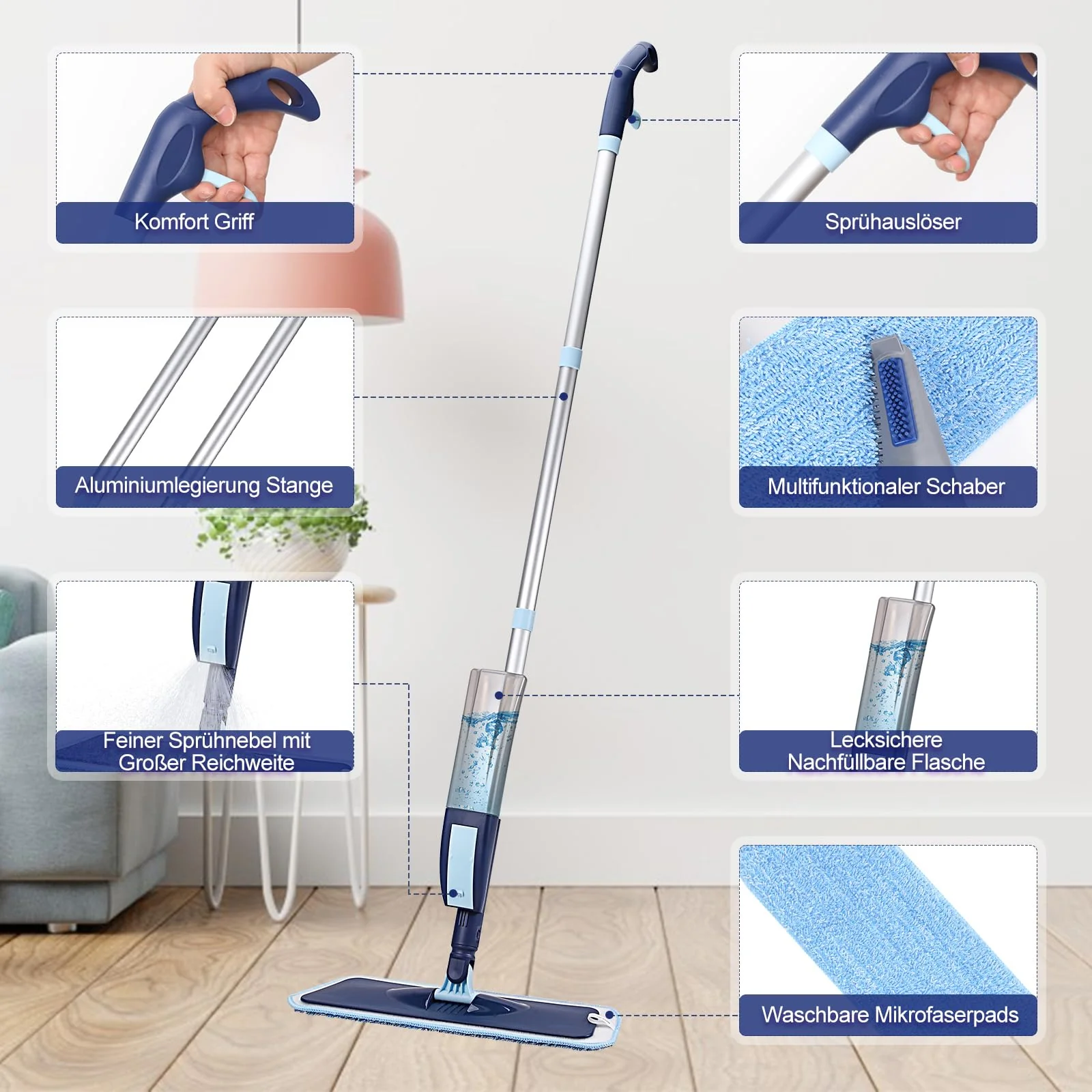 Bodenwischer mit Sprühfunktion, Nass Trocken Wischmopp für Hartböden Laminat Fliesen Küchen, Sprühwischer mit 3 Waschbar Mikrofaser-Wischbezug und 400ML Wassertank - Image 7