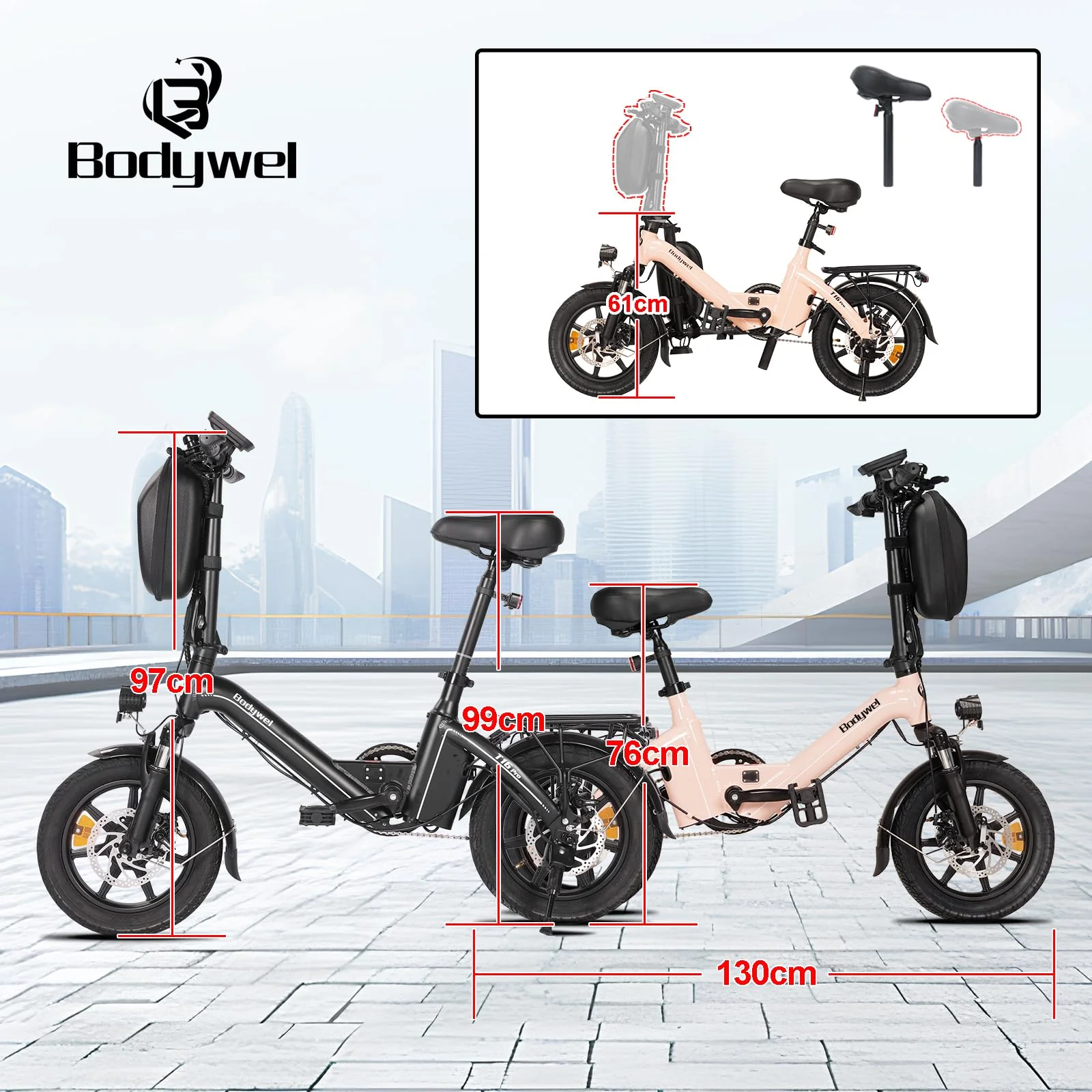 Bodywel T16PRO Mini E Bike 14 Zoll faltbar Elektrofahrrad 250W 36V/7.8Ah Akku mit APP Funk für Herren Damen,Reichweite Max 45 km (Schwarz+Rückpacktrager) - Image 2