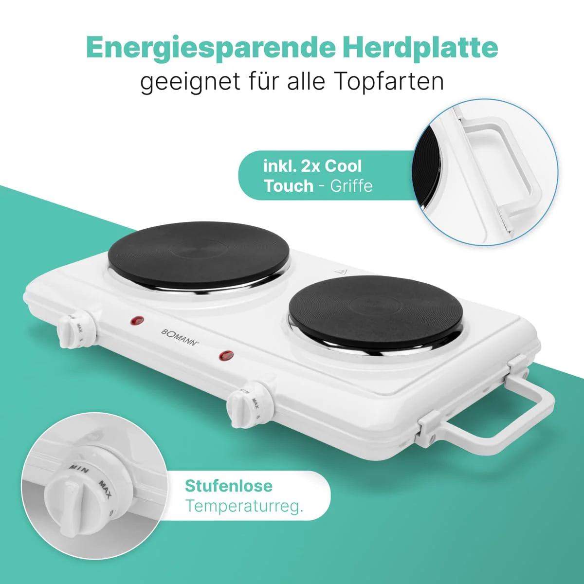 Bomann® Doppelkochplatte | Leistungsstarke Kochplatte mit stufenlos regelbaren Thermostaten | 2 Kochplatten | Cool-TouchGriffe | Doppelkochfeld mit 1500W/1000W | DKP 5028 CB - Image 6