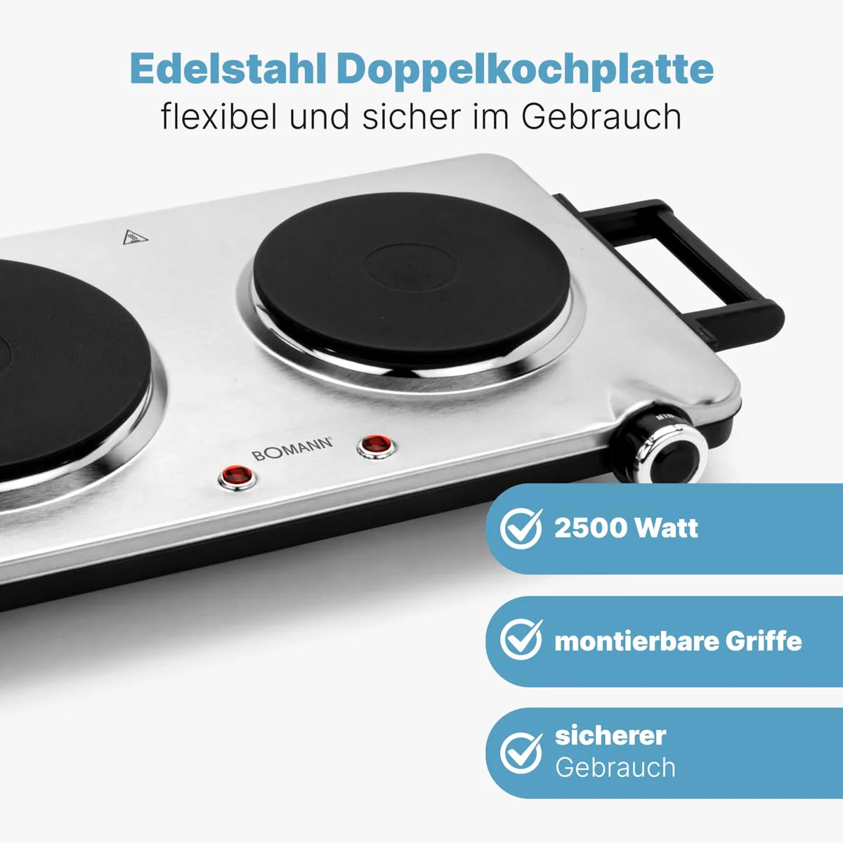 Bomann® Edelstahl-Doppelkochplatte | Kochplatte mit 2 Kochfeldern | 2500W | elektrische Herdplatte mit Cool Touch-Griffen | Kochfelder mit Überhitzungsschutz | DKP 5033 CB - Image 6