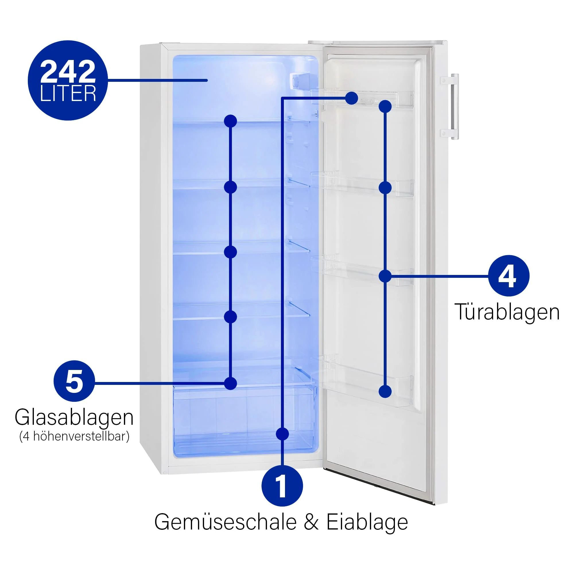 Bomann® freistehender Vollraumkühlschrank | Standkühlschrank groß 242 Liter | inkl. LED-Beleuchtung | ideal für Getränke und Lebensmittel | Türanschlag wechselbar | VS 7316.1 weiß - Image 5