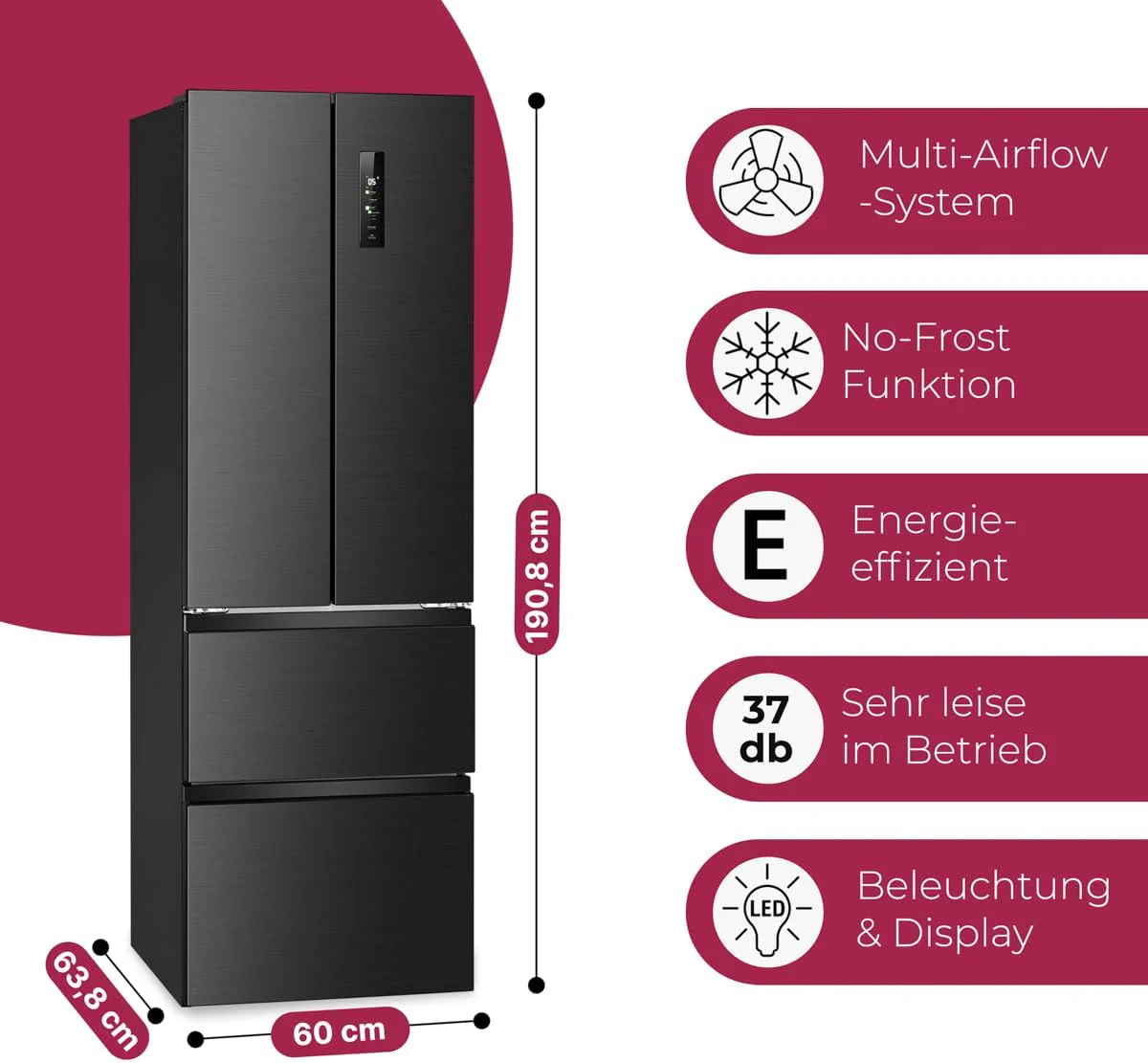 Bomann® French Door Kühlschrank No Frost | Kühl-Gefrier-Kombinationen mit Total No Frost | Kühlschrank mit Gefrierfach 400L | Side by Side Kühlschrank mit MultiAirflow-System | KG 7354 schwarz-inox - Image 10