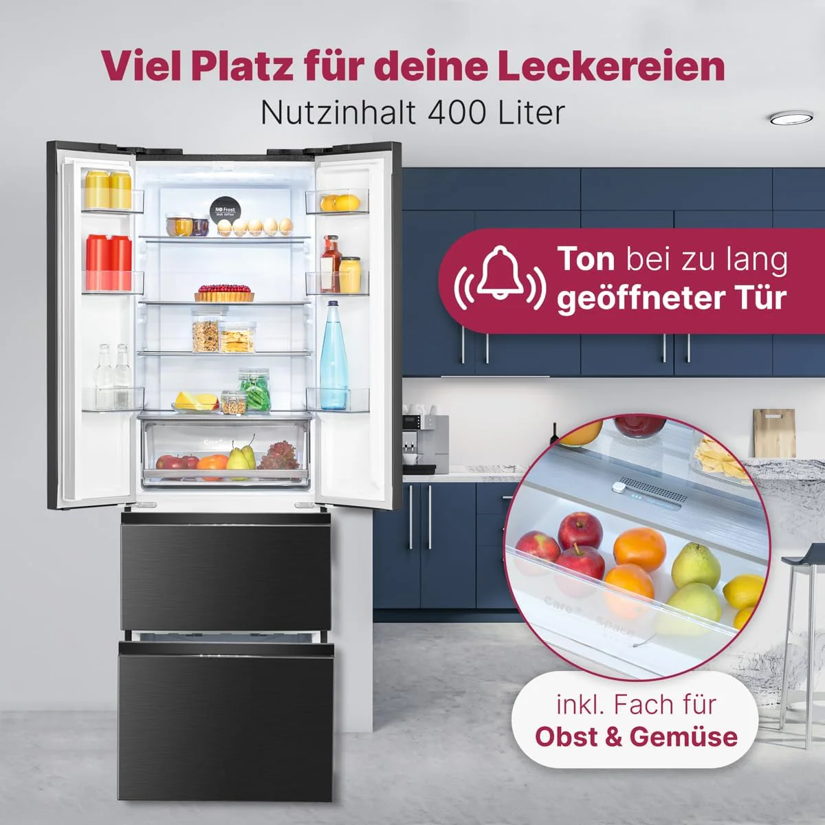 Bomann® French Door Kühlschrank No Frost | Kühl-Gefrier-Kombinationen mit Total No Frost | Kühlschrank mit Gefrierfach 400L | Side by Side Kühlschrank mit MultiAirflow-System | KG 7354 schwarz-inox - Image 15