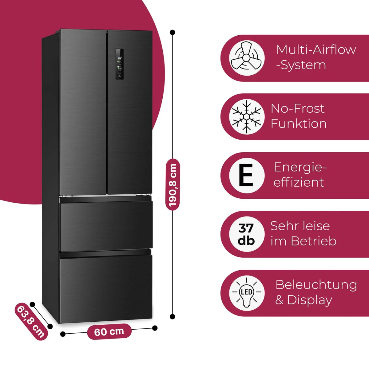 Bomann® French Door Kühlschrank No Frost | Kühl-Gefrier-Kombinationen mit Total No Frost | Kühlschrank mit Gefrierfach 400L | Side by Side Kühlschrank mit MultiAirflow-System | KG 7354 schwarz-inox - Image 6