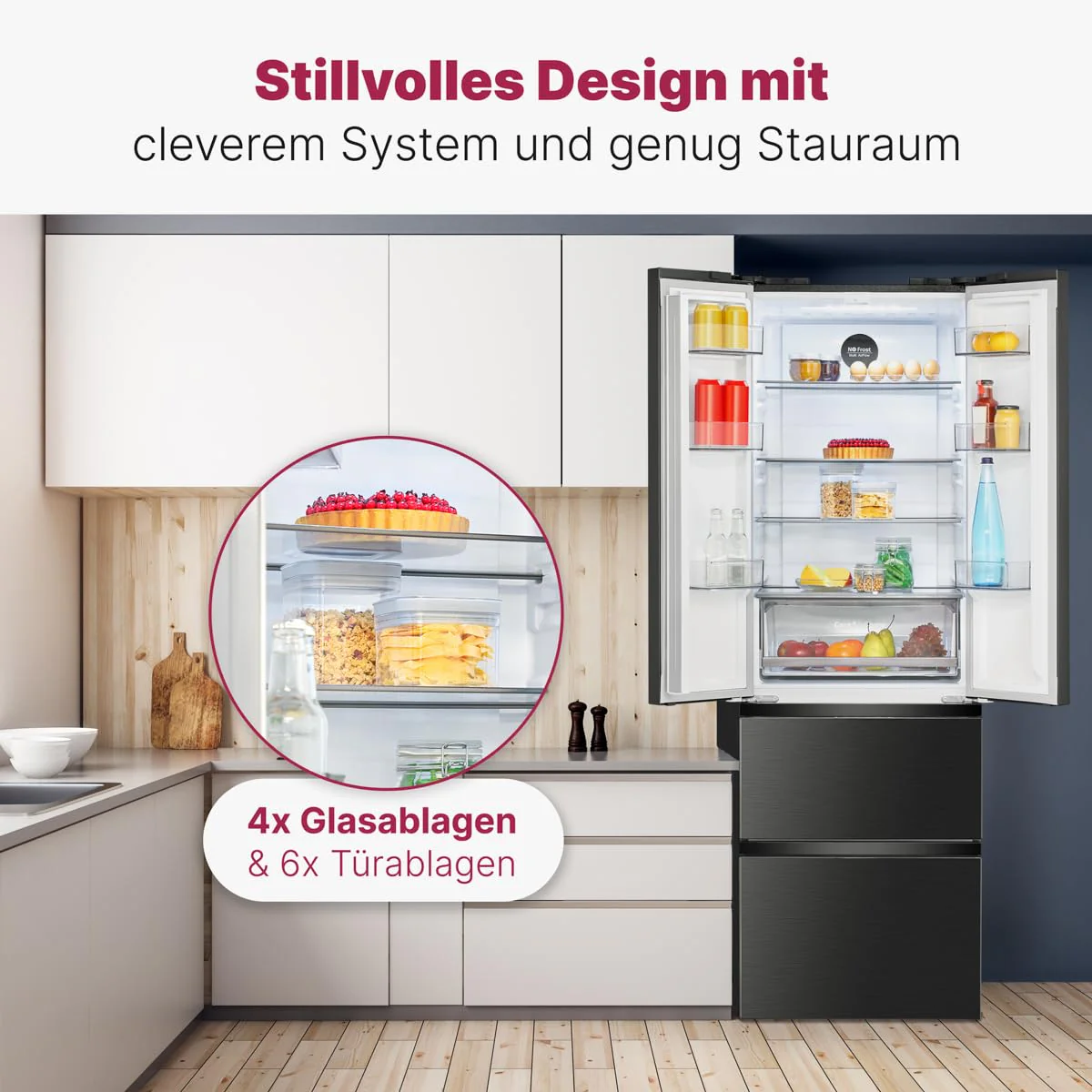 Bomann® French Door Kühlschrank No Frost | Kühl-Gefrier-Kombinationen mit Total No Frost | Kühlschrank mit Gefrierfach 400L | Side by Side Kühlschrank mit MultiAirflow-System | KG 7354 schwarz-inox - Image 7