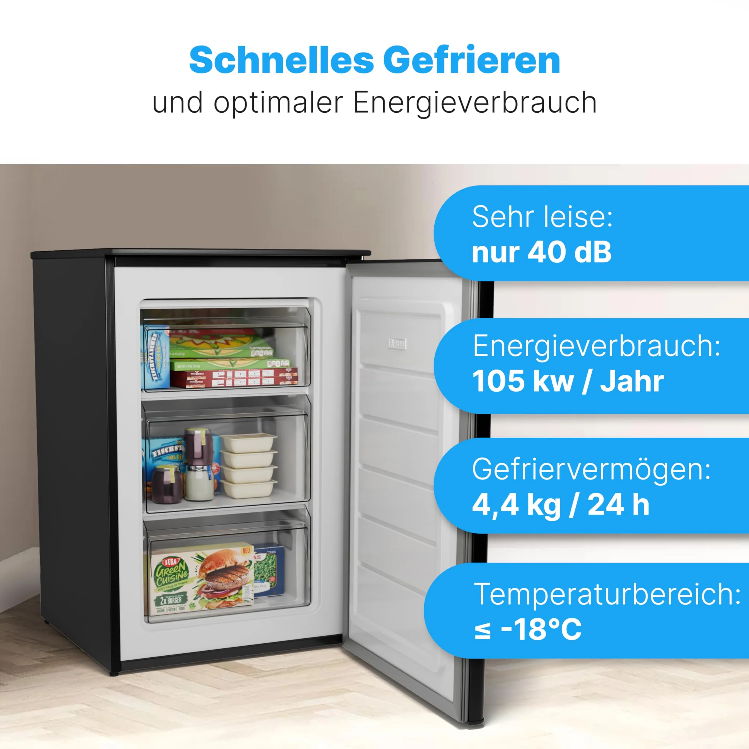 Bomann® Gefrierschrank 87L | Gefrierschrank klein mit Temperaturbereich ≤ -18°C | 3 Schubladen | Tiefkühlschrank mit wechselbarem Türanschlag | Freezer Tiefkühlschrank klein GS 7253 schwarz-inox - Image 4