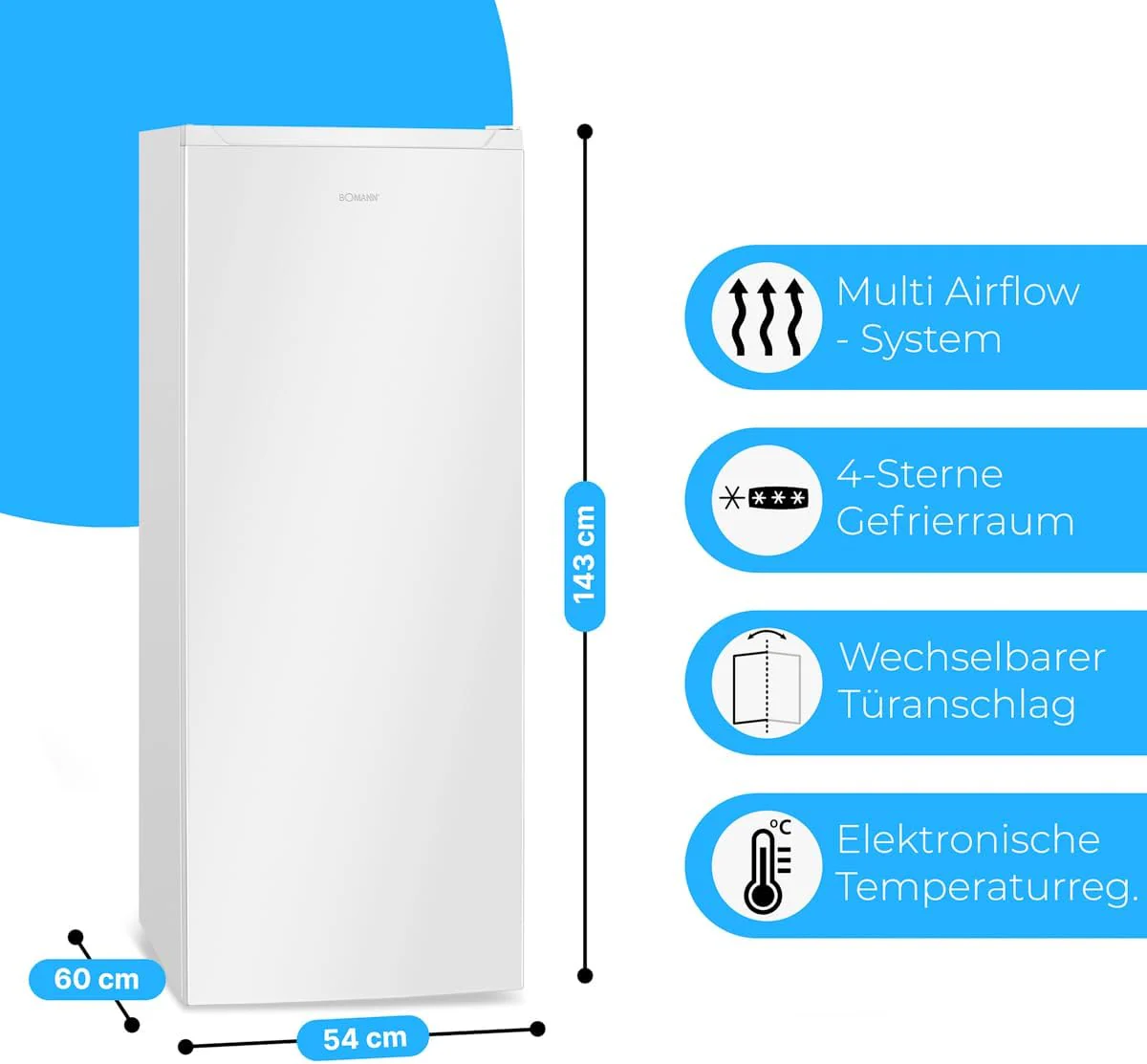 Bomann® Gefrierschrank Nofrost freistehender Tiefkühlschrank 161 L | Total No Frost - nie wieder abtauen - Schnellgefrierfunktion u. MultiAirflow-System | Türanschlag wechselbar | GS 7343 weiß - Image 7