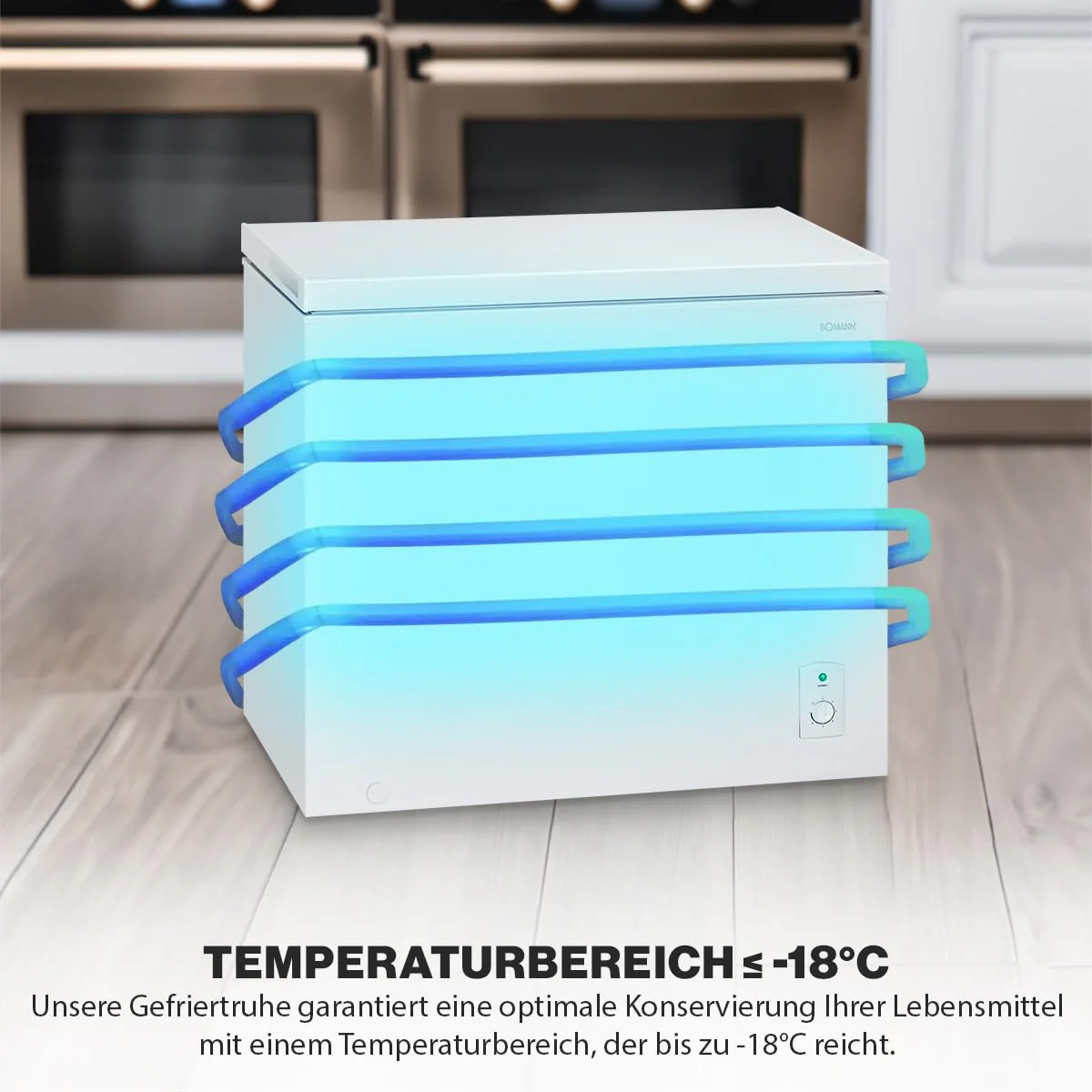 Bomann® Gefriertruhe mit 202L Nutzinhalt | Tiefkühltruhe mit 4-Sterne-Kennzeichnung & stufenloser Temperaturregelung | Lagerzeit bei Störung max.35h | Freezer inkl. Gefrierkorb & Eisschaber | GT 7338 - Image 8