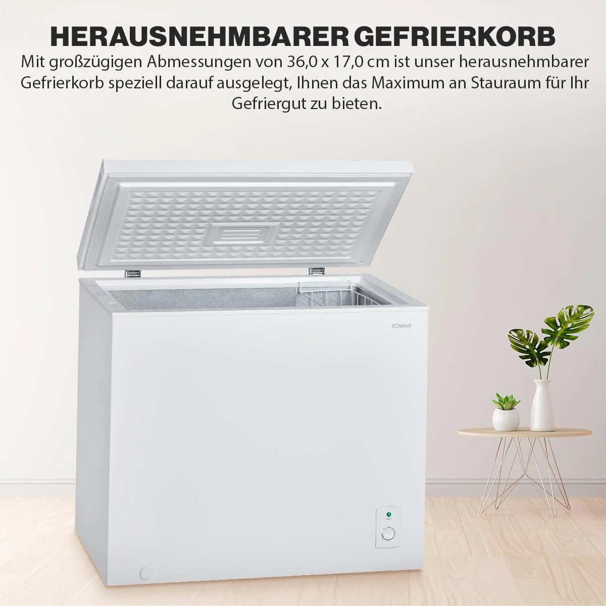 Bomann® Gefriertruhe mit 202L Nutzinhalt | Tiefkühltruhe mit 4-Sterne-Kennzeichnung & stufenloser Temperaturregelung | Lagerzeit bei Störung max.35h | Freezer inkl. Gefrierkorb & Eisschaber | GT 7338 - Image 9