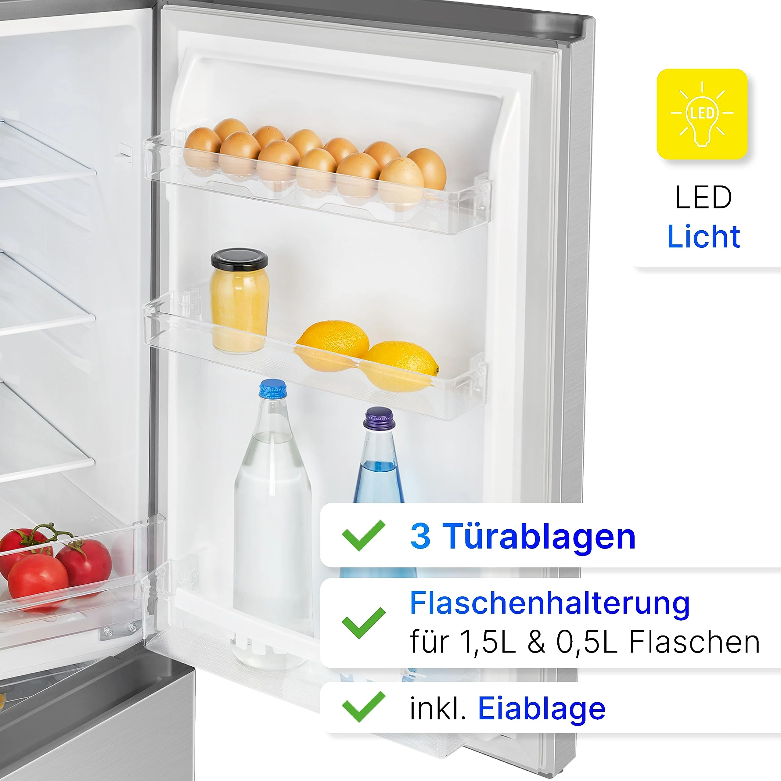 Bomann® Kühlschrank mit Gefrierfach 143cm hoch | Kühl Gefrierkombination 175L mit 3 Ablagen & 3 Schubladen | Türanschlag wechselbar | leise Kühlgefrierkombi 39db | Kühlschrank KG 320.2 inox - Image 2