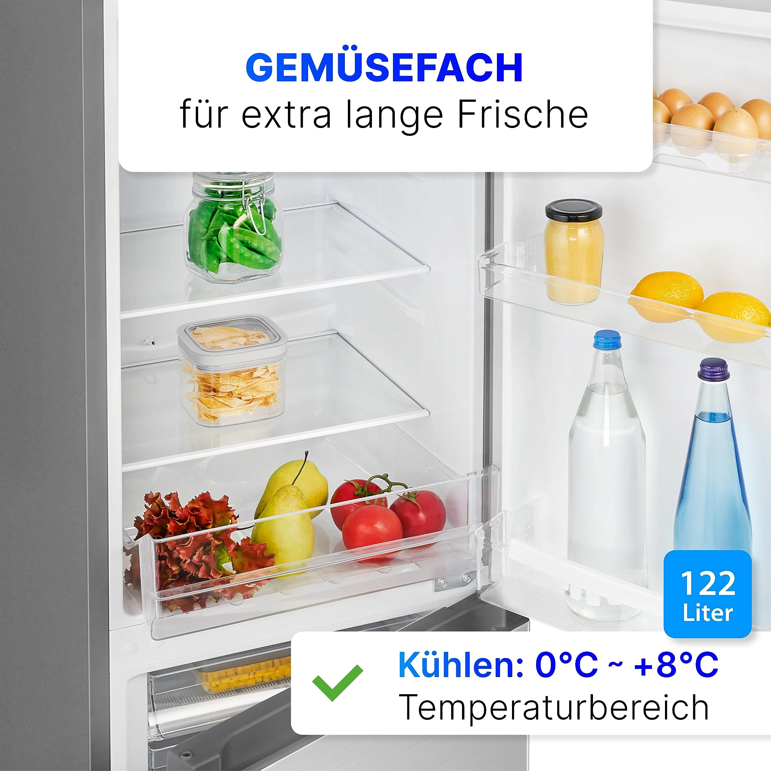 Bomann® Kühlschrank mit Gefrierfach 143cm hoch | Kühl Gefrierkombination 175L mit 3 Ablagen & 3 Schubladen | Türanschlag wechselbar | leise Kühlgefrierkombi 39db | Kühlschrank KG 320.2 inox - Image 3