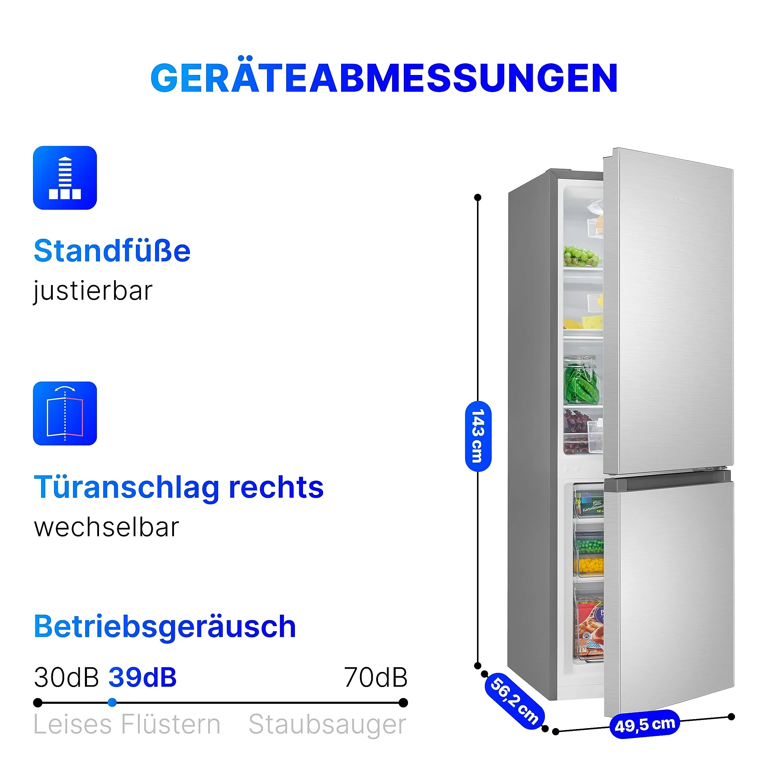 Bomann® Kühlschrank mit Gefrierfach 143cm hoch | Kühl Gefrierkombination 175L mit 3 Ablagen & 3 Schubladen | Türanschlag wechselbar | leise Kühlgefrierkombi 39db | Kühlschrank KG 320.2 inox - Image 4