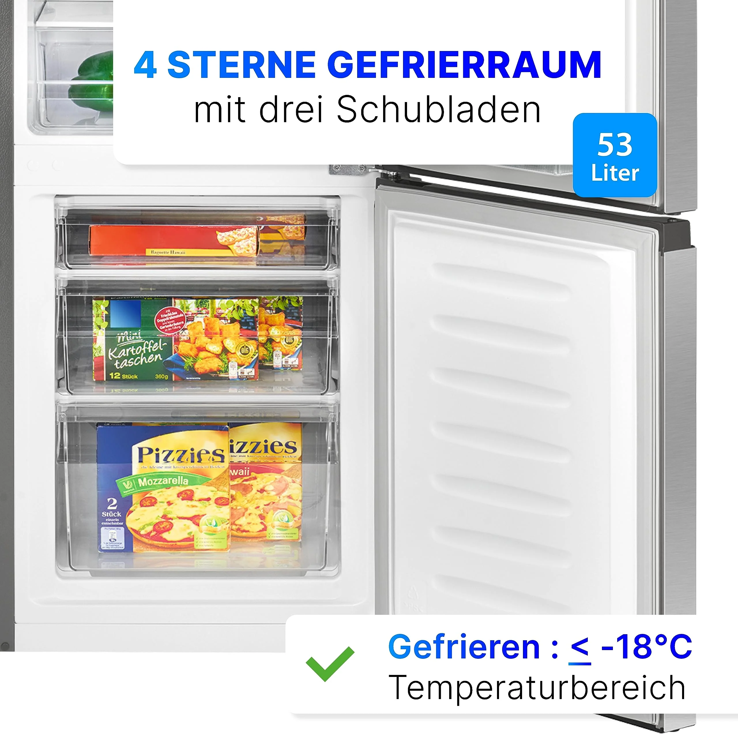 Bomann® Kühlschrank mit Gefrierfach 143cm hoch | Kühl Gefrierkombination 175L mit 3 Ablagen & 3 Schubladen | Türanschlag wechselbar | leise Kühlgefrierkombi 39db | Kühlschrank KG 320.2 inox - Image 8