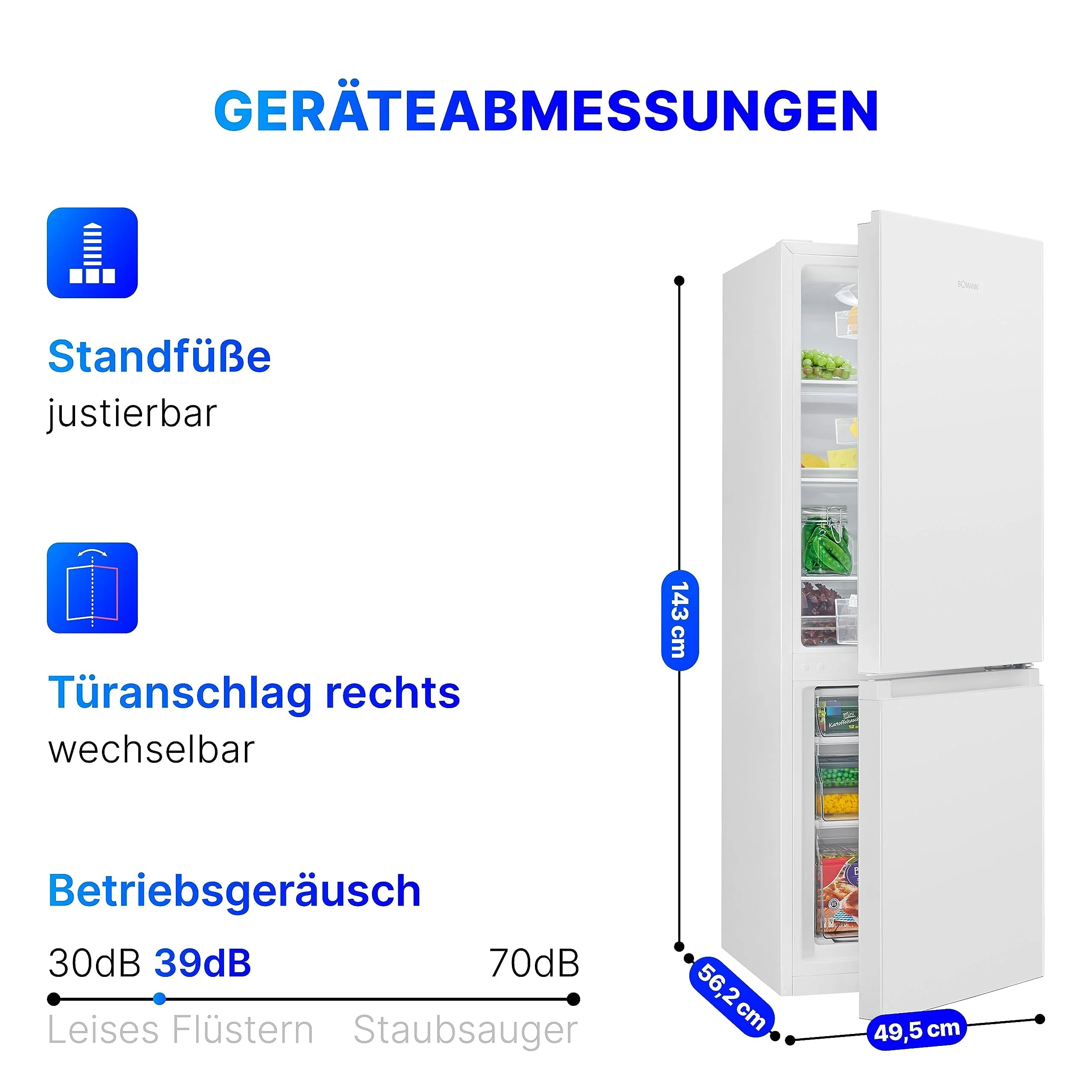Bomann® Kühlschrank mit Gefrierfach 143cm hoch | Kühl Gefrierkombination 175L mit 3 Ablagen & 3 Schubladen | Türanschlag wechselbar | leise Kühlgefrierkombi 39db | Kühlschrank KG 320.2 weiß - Image 4