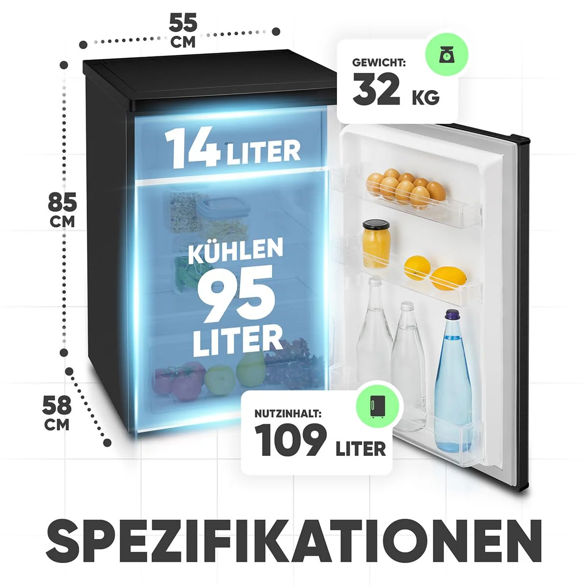 Bomann® Kühlschrank mit Gefrierfach klein | Kühlschrank 2 Ablagen | leise | mit 4-Sterne Gefrierfach | Kühlschrank klein mit Obst- und Gemüsefach | Türanschlag wechselbar | KS 7251 schwarz - Image 14