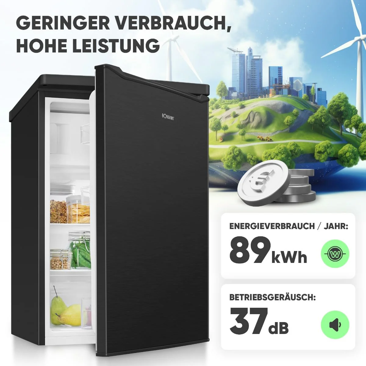 Bomann® Kühlschrank mit Gefrierfach klein | Kühlschrank 2 Ablagen | leise | mit 4-Sterne Gefrierfach | Kühlschrank klein mit Obst- und Gemüsefach | Türanschlag wechselbar | KS 7251 schwarz - Image 4