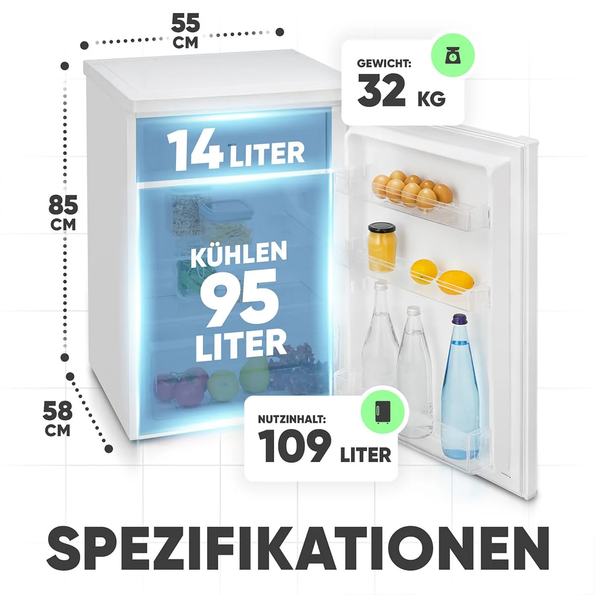 Bomann® Kühlschrank mit Gefrierfach klein | Kühlschrank 2 Ablagen | leise | mit 4-Sterne Gefrierfach | Kühlschrank klein mit Obst- und Gemüsefach | Türanschlag wechselbar | KS 7251 weiß - Image 5