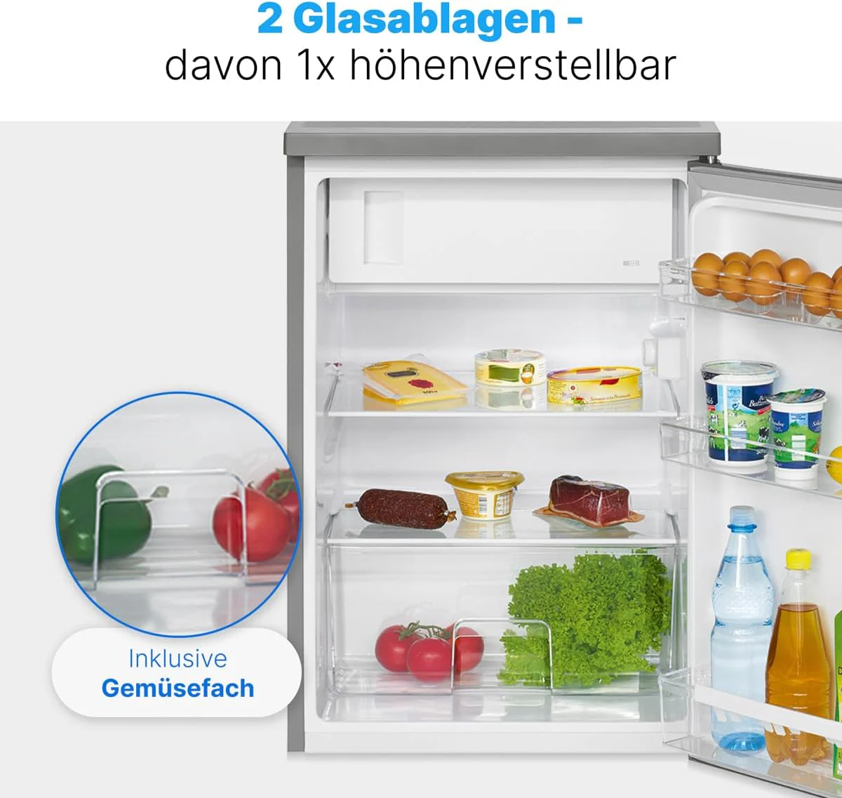 Bomann® Kühlschrank mit Gefrierfach | Kühlschrank klein mit 120L Nutzinhalt | Kühlen 107L & Gefrieren 13L | Fridge mit 3 Türablagen & 2 Glasablagen | wechselbarer Türanschlag | KS 2184.1 inox - Image 11