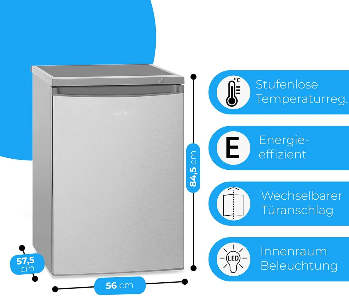 Bomann® Kühlschrank mit Gefrierfach | Kühlschrank klein mit 120L Nutzinhalt | Kühlen 107L & Gefrieren 13L | Fridge mit 3 Türablagen & 2 Glasablagen | wechselbarer Türanschlag | KS 2184.1 inox - Image 14