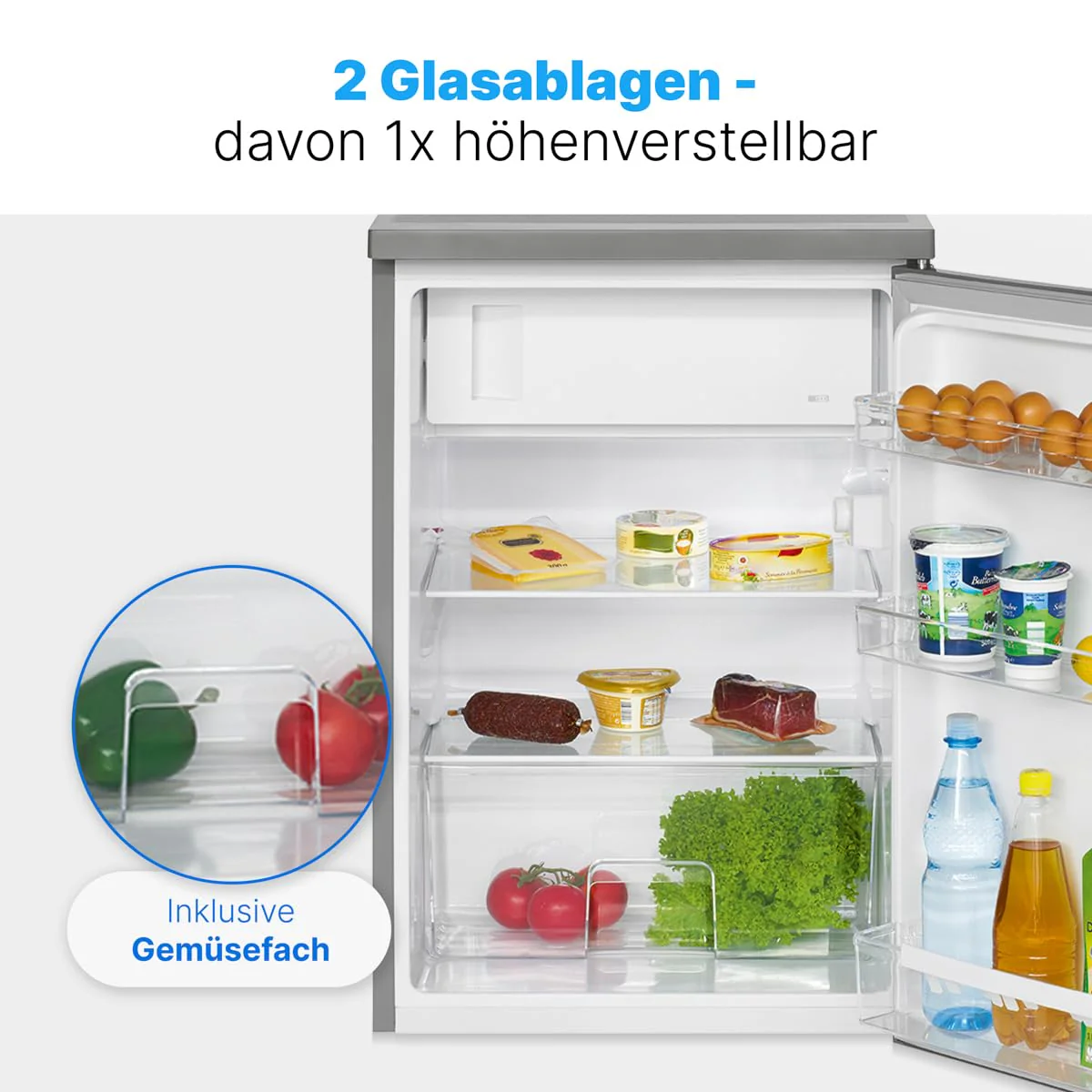 Bomann® Kühlschrank mit Gefrierfach | Kühlschrank klein mit 120L Nutzinhalt | Kühlen 107L & Gefrieren 13L | Fridge mit 3 Türablagen & 2 Glasablagen | wechselbarer Türanschlag | KS 2184.1 inox - Image 4