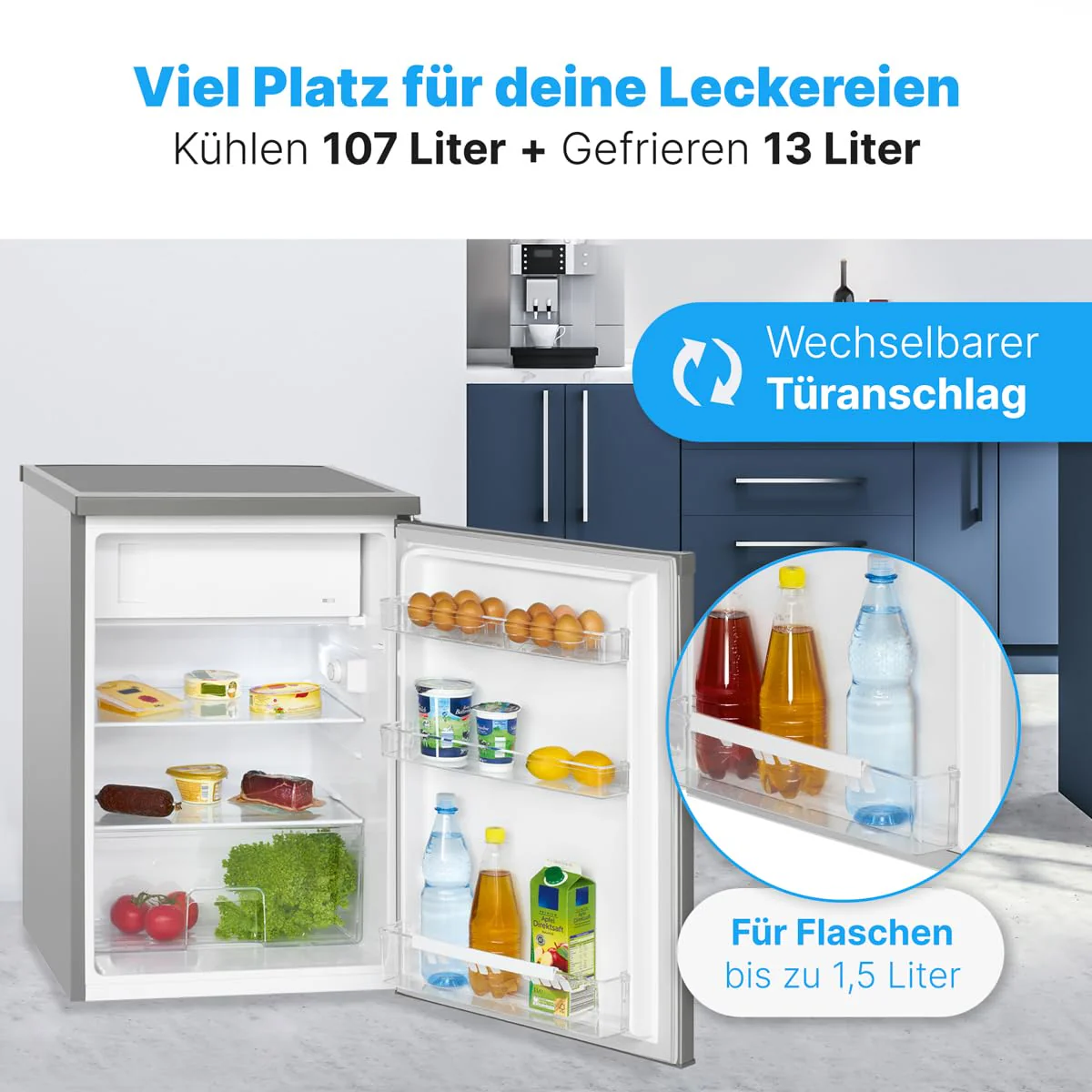 Bomann® Kühlschrank mit Gefrierfach | Kühlschrank klein mit 120L Nutzinhalt | Kühlen 107L & Gefrieren 13L | Fridge mit 3 Türablagen & 2 Glasablagen | wechselbarer Türanschlag | KS 2184.1 inox - Image 7