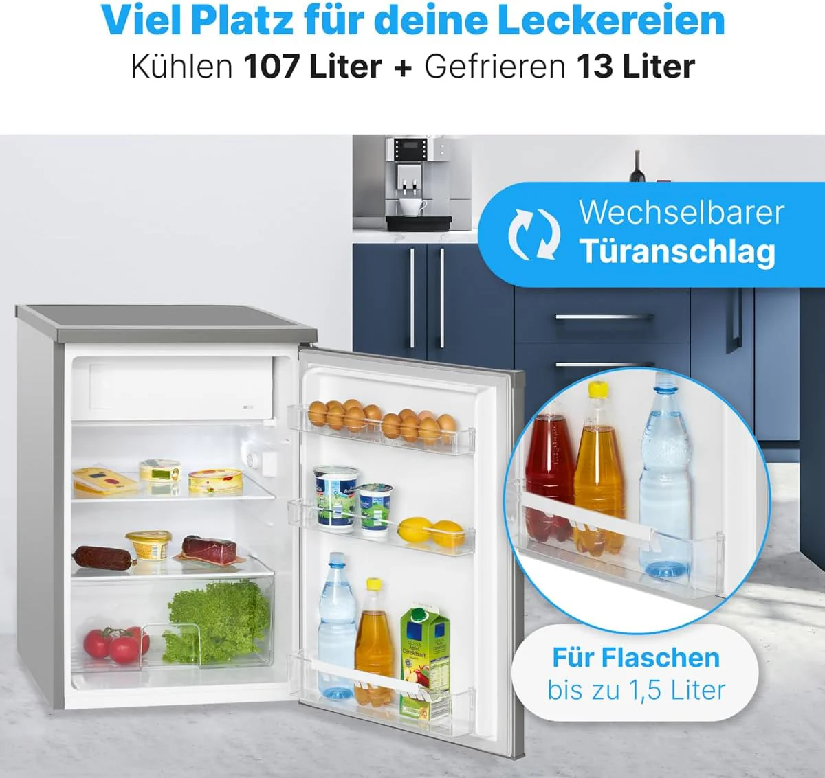 Bomann® Kühlschrank mit Gefrierfach | Kühlschrank klein mit 120L Nutzinhalt | Kühlen 107L & Gefrieren 13L | Fridge mit 3 Türablagen & 2 Glasablagen | wechselbarer Türanschlag | KS 2184.1 inox - Image 9
