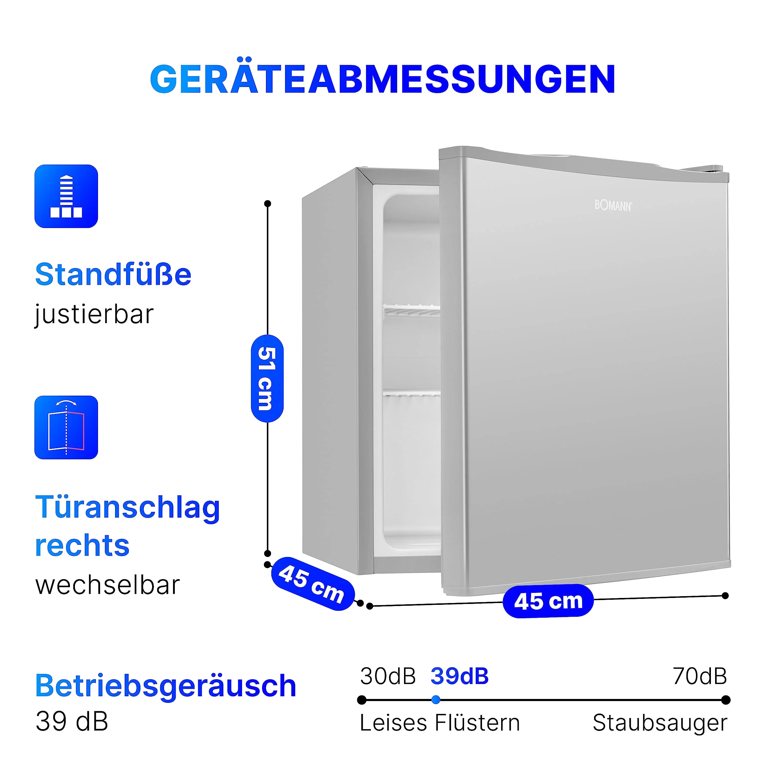 Bomann® Mini Kühlschrank 42 Liter | Getränkekühlschrank klein für Büro, Camping und Gaming | kleiner Kühlschrank leise 39 dB | Minibar mit wechselbarem Türanschlag | 51x45x45 cm | KB 7346 inox - Image 4