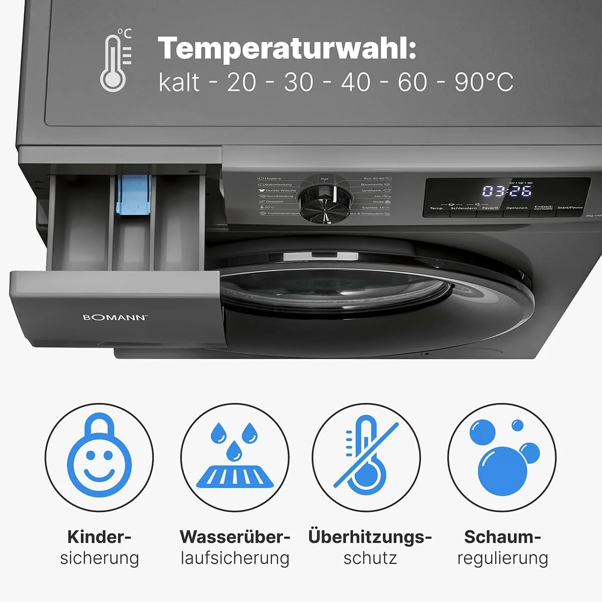 Bomann® Waschmaschine 8kg | max. 1400 U/min | 10 Jahre Motor-Garantie | robuster, leiser & langlebiger Invertermotor | 15 Waschprogramme | LED-Display | mit Dampffunkt. | WA 7185 Titan - Schwarz - Image 7