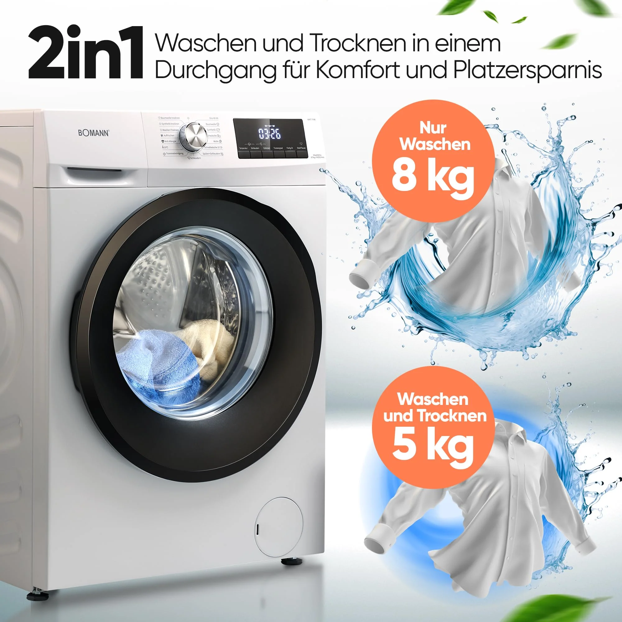 Bomann® Waschtrockner | Waschen und Trocknen in einem Durchgang | 8 kg Waschen, 5 kg Trocknen | Invertermotor | 1400 U/Min | Dampffunktion | Waschmaschine mit Trockner integriert | WAT 7186 weiß - Image 10