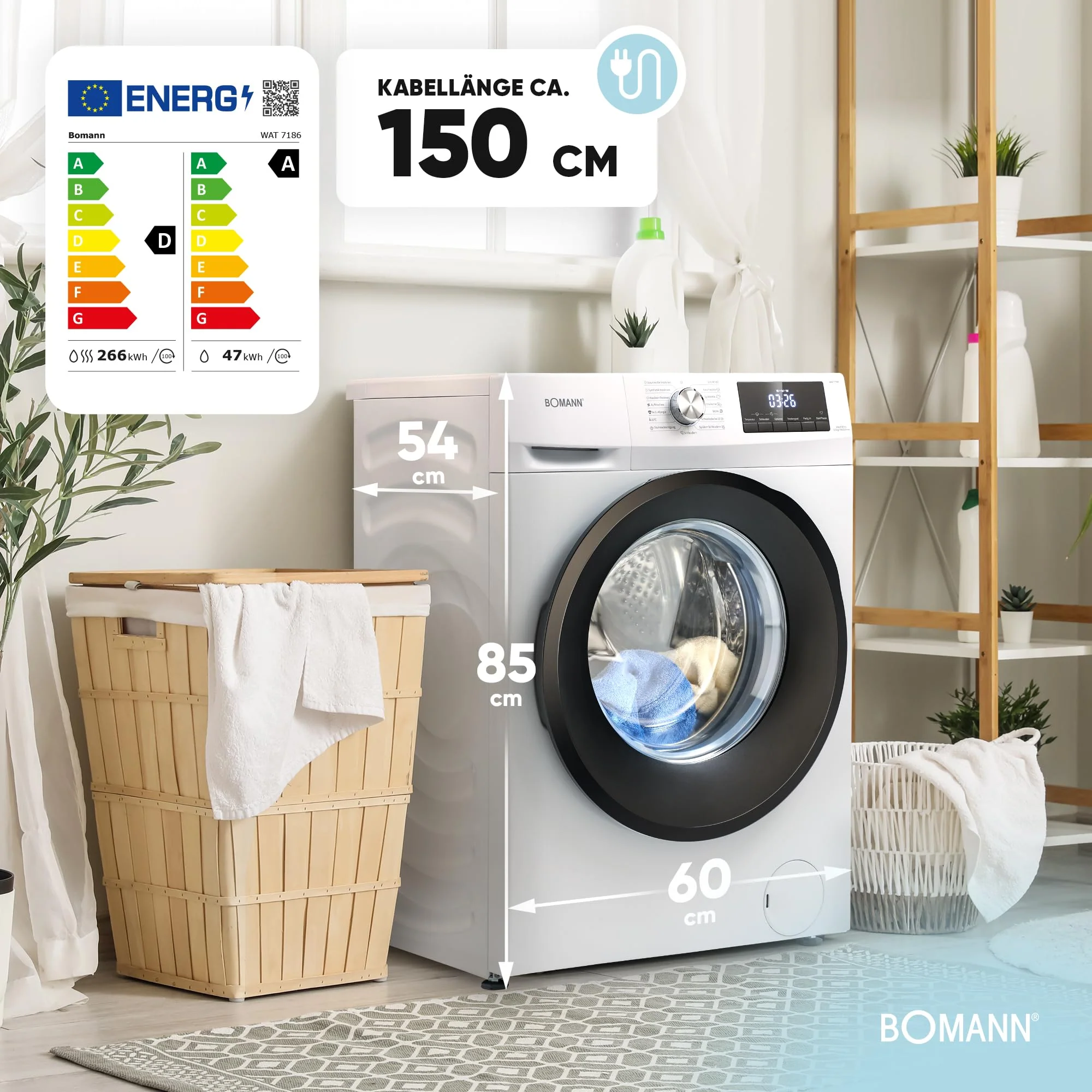 Bomann® Waschtrockner | Waschen und Trocknen in einem Durchgang | 8 kg Waschen, 5 kg Trocknen | Invertermotor | 1400 U/Min | Dampffunktion | Waschmaschine mit Trockner integriert | WAT 7186 weiß - Image 3