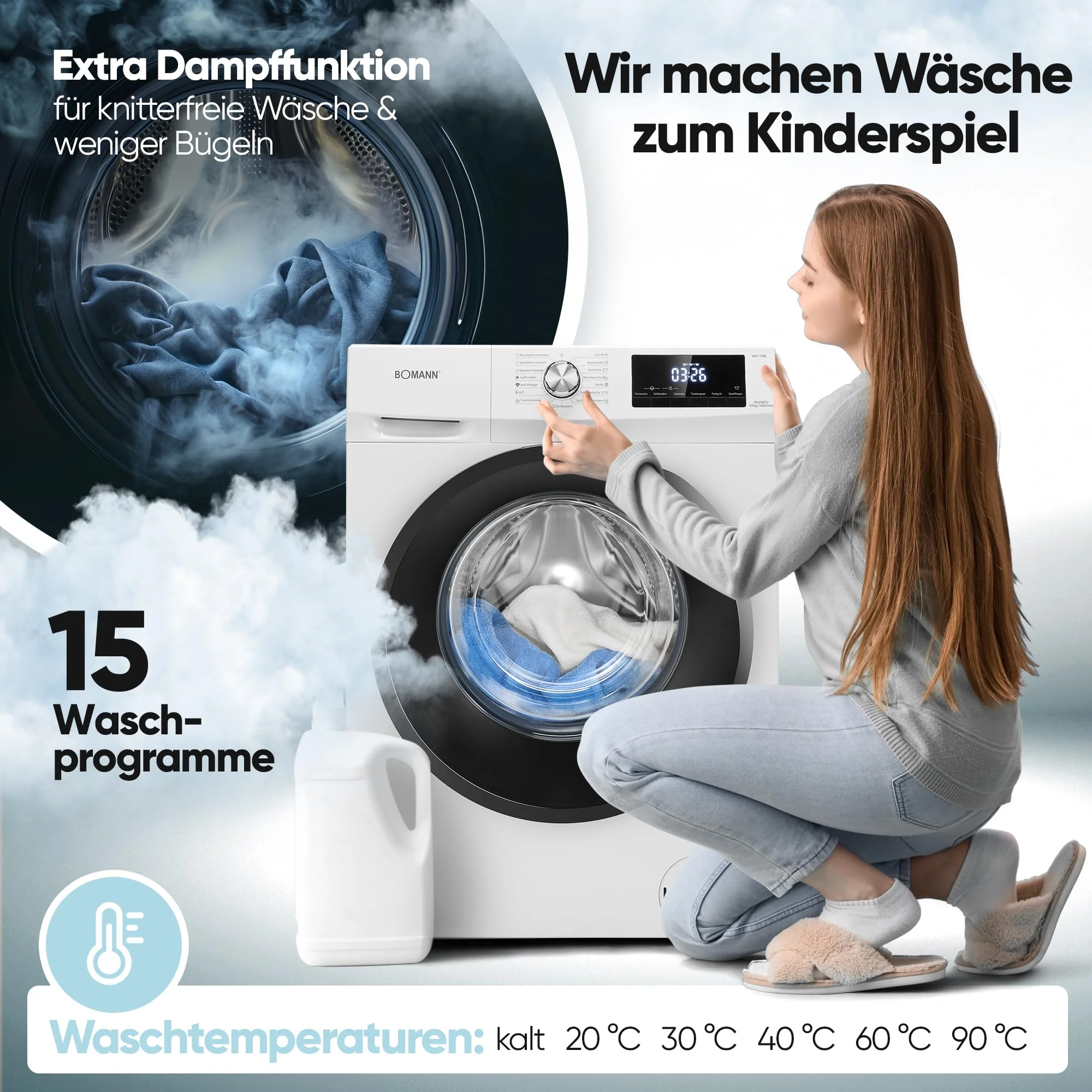 Bomann® Waschtrockner | Waschen und Trocknen in einem Durchgang | 8 kg Waschen, 5 kg Trocknen | Invertermotor | 1400 U/Min | Dampffunktion | Waschmaschine mit Trockner integriert | WAT 7186 weiß - Image 7