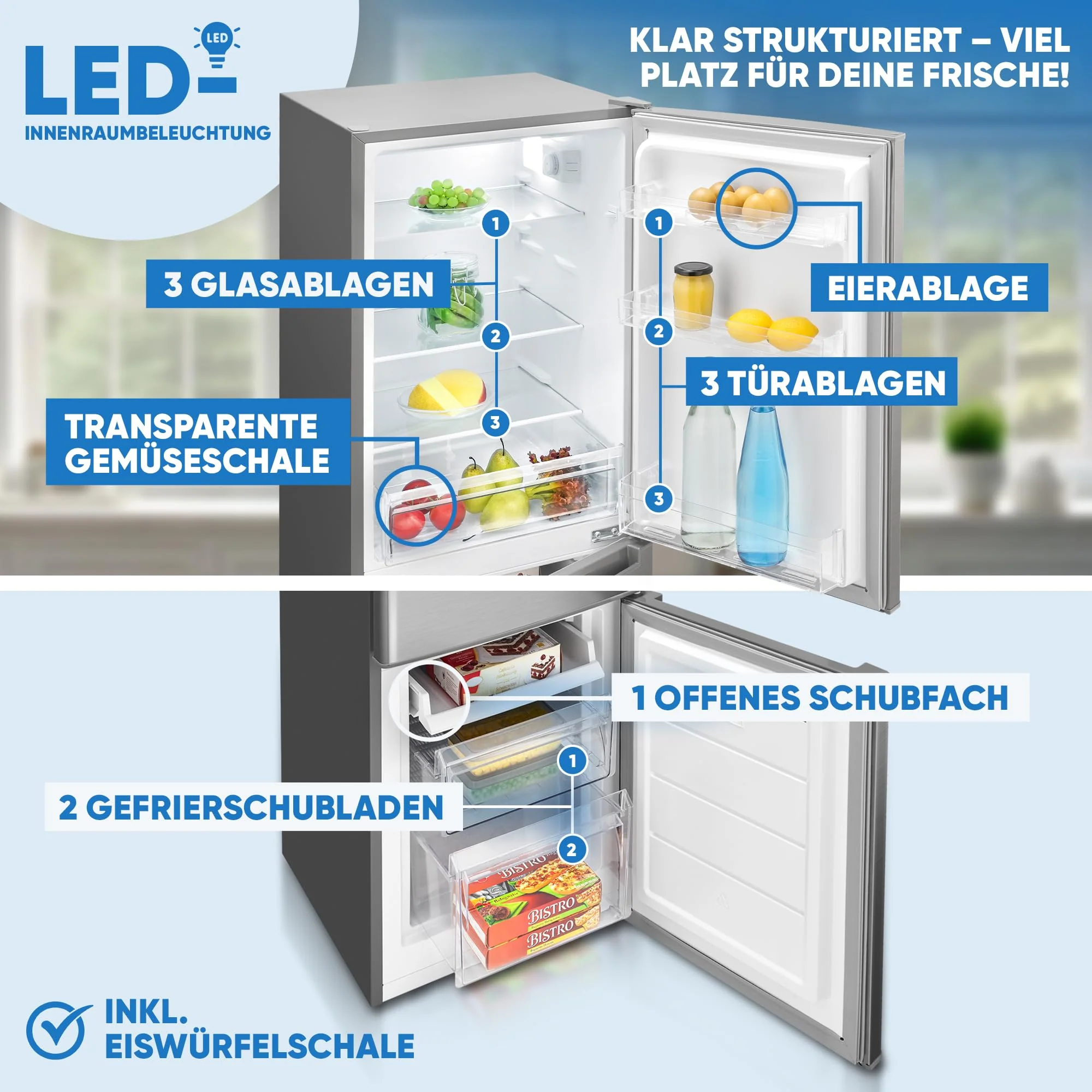 Bomann Kühlschrank mit Gefrierfach 143cm hoch | Kühl Gefrierkombination 173L mit 3 Ablagen & 3 Schubladen | Türanschlag wechselbar | leise Kühlgefrierkombi 40db | Kühlschrank KG 7359 inox - Image 7