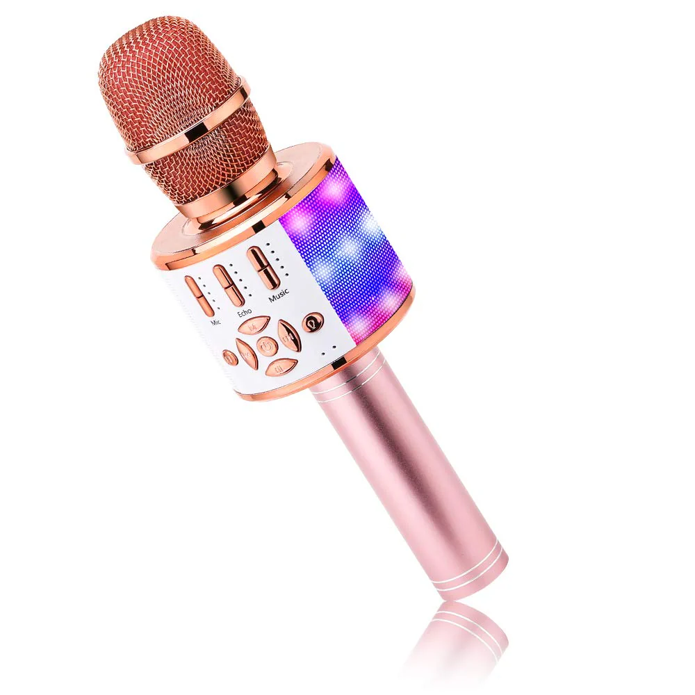 BONAOK 4 in 1 Drahtlos Tragbare Karaoke Mikrofon Lautsprecher,LED, Kinder, Heim KTV Karaoke Gerät, kompatibel mit iOS Android Bluetooth Geräten (Roségold)