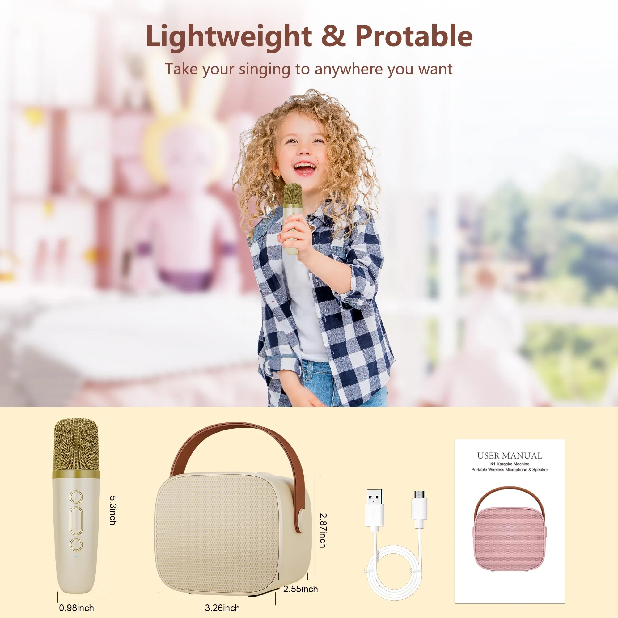 BONAOK Karaoke Mikrofon Kinder Spielzeug, Kabellos Mikrofon Karaokemaschinen Elektronisches Spielzeug, Tragbare Bluetooth Karaoke Maschine Lautsprecher mit Mikrofon & LED-Lichteffekten(Beige) - Image 3