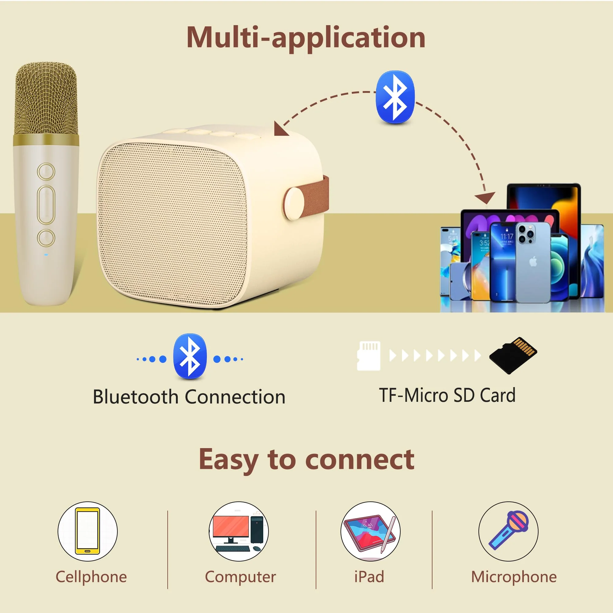 BONAOK Karaoke Mikrofon Kinder Spielzeug, Kabellos Mikrofon Karaokemaschinen Elektronisches Spielzeug, Tragbare Bluetooth Karaoke Maschine Lautsprecher mit Mikrofon & LED-Lichteffekten(Beige) - Image 4