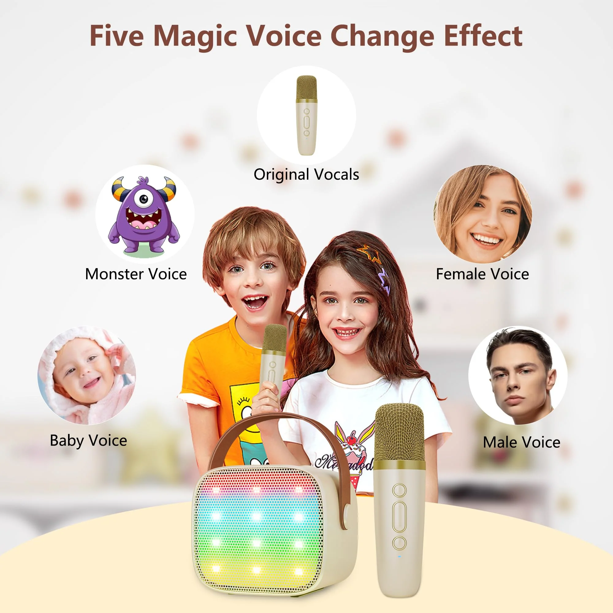 BONAOK Karaoke Mikrofon Kinder Spielzeug, Kabellos Mikrofon Karaokemaschinen Elektronisches Spielzeug, Tragbare Bluetooth Karaoke Maschine Lautsprecher mit Mikrofon & LED-Lichteffekten(Beige) - Image 5