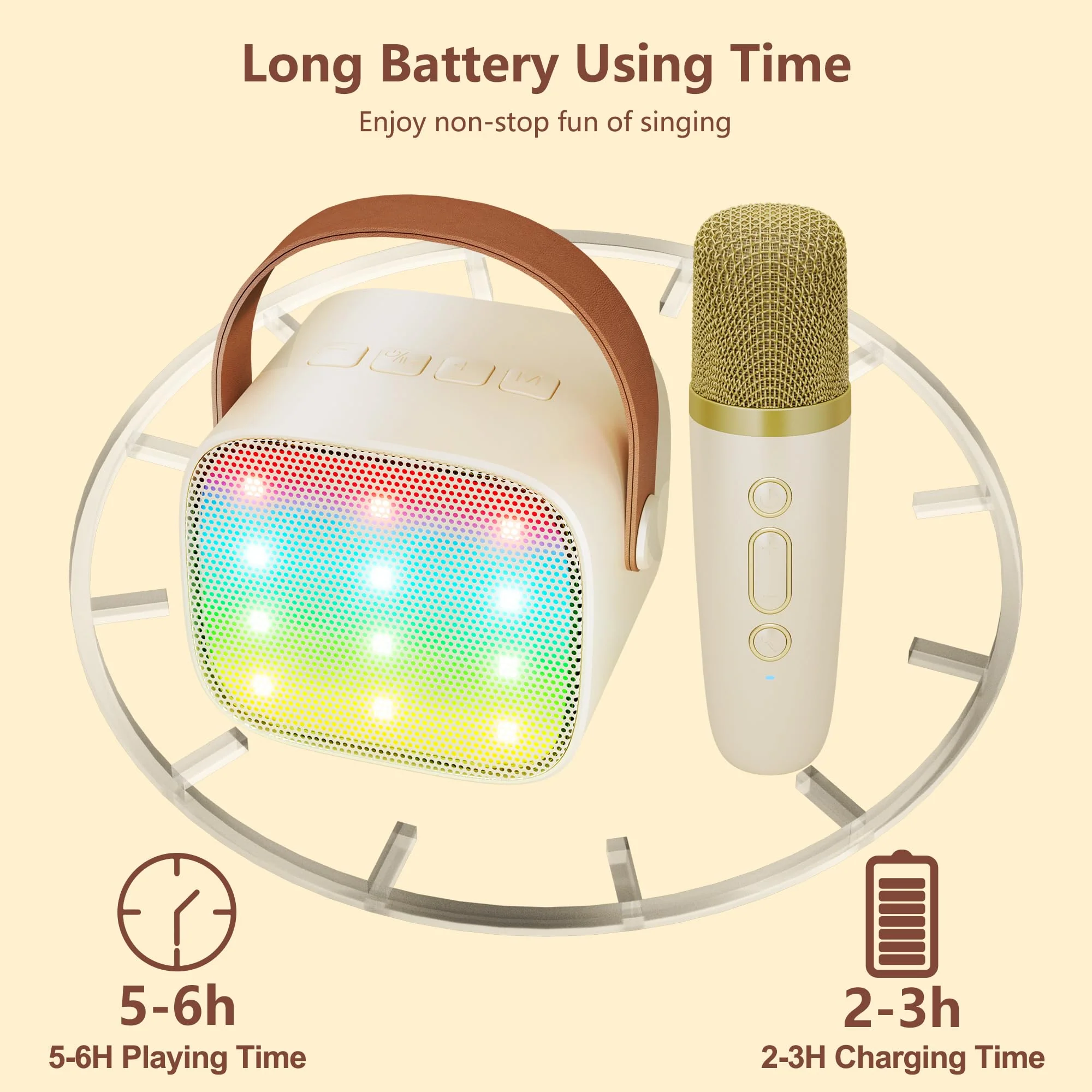 BONAOK Karaoke Mikrofon Kinder Spielzeug, Kabellos Mikrofon Karaokemaschinen Elektronisches Spielzeug, Tragbare Bluetooth Karaoke Maschine Lautsprecher mit Mikrofon & LED-Lichteffekten(Beige) - Image 6