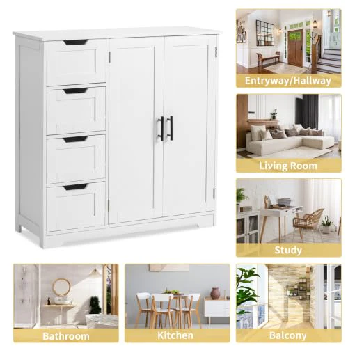 Bonnlo Badezimmerschrank Badschrank, Badkommode mit 4 Schubladen und 2 Schranktüren, Aufbewahrungsschrank mit verstellbaren Einlegeböden für Badezimmer Wohnzimmer Flur Küche, 80×30×80cm, Weiß - Image 2